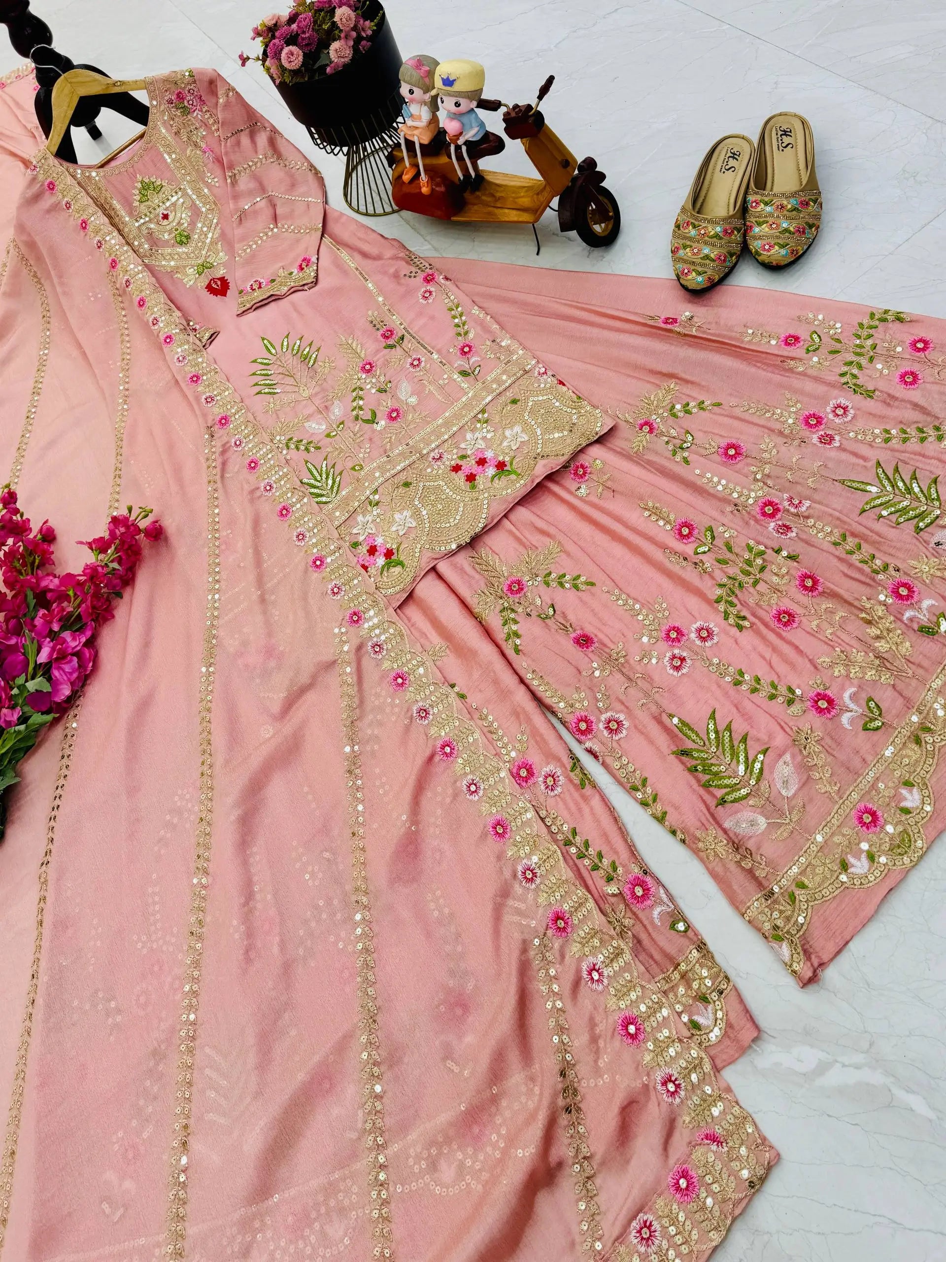 Royal Blue Chinon Silk Embroidered Sharara Suit with Dupatta – Heavy Sequence & Thread Work