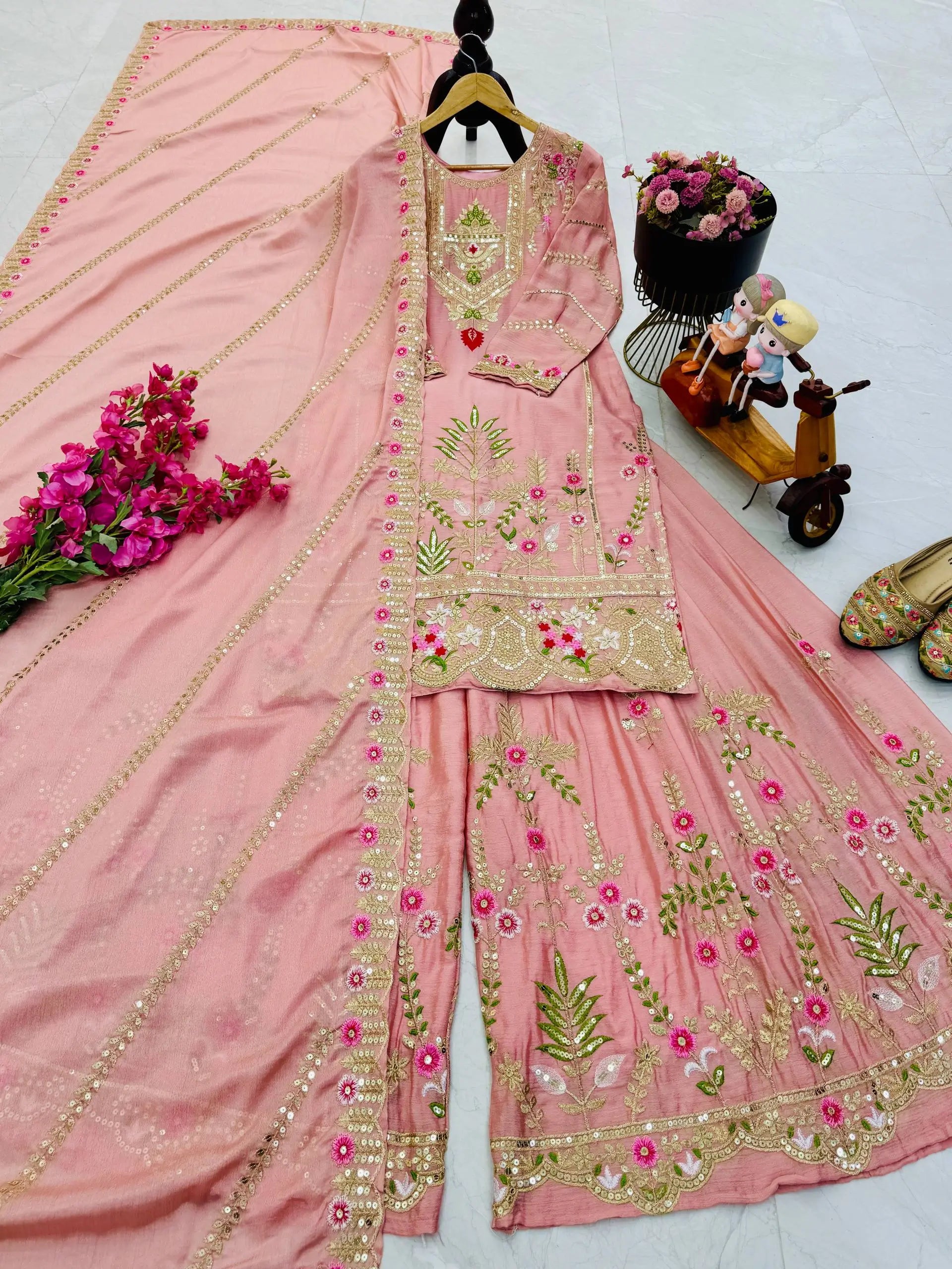 Royal Blue Chinon Silk Embroidered Sharara Suit with Dupatta – Heavy Sequence & Thread Work
