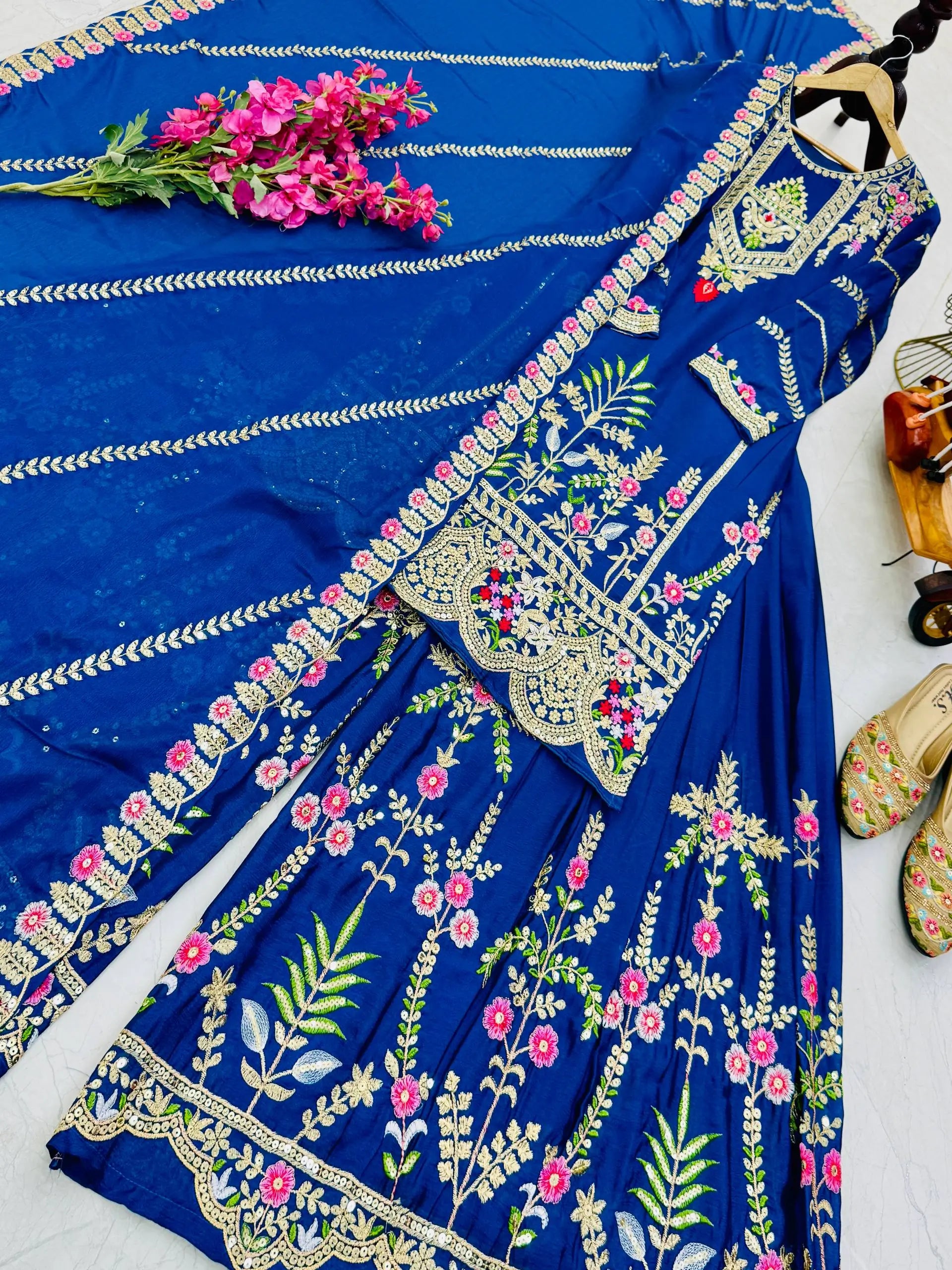 Royal Blue Chinon Silk Embroidered Sharara Suit with Dupatta – Heavy Sequence & Thread Work