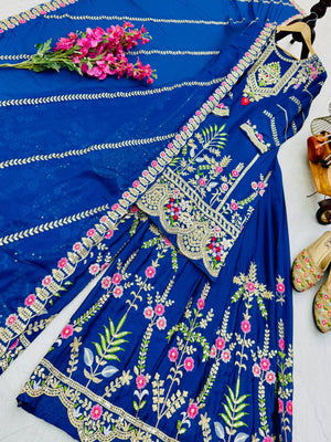 Royal Blue Chinon Silk Embroidered Sharara Suit with Dupatta – Heavy Sequence & Thread Work