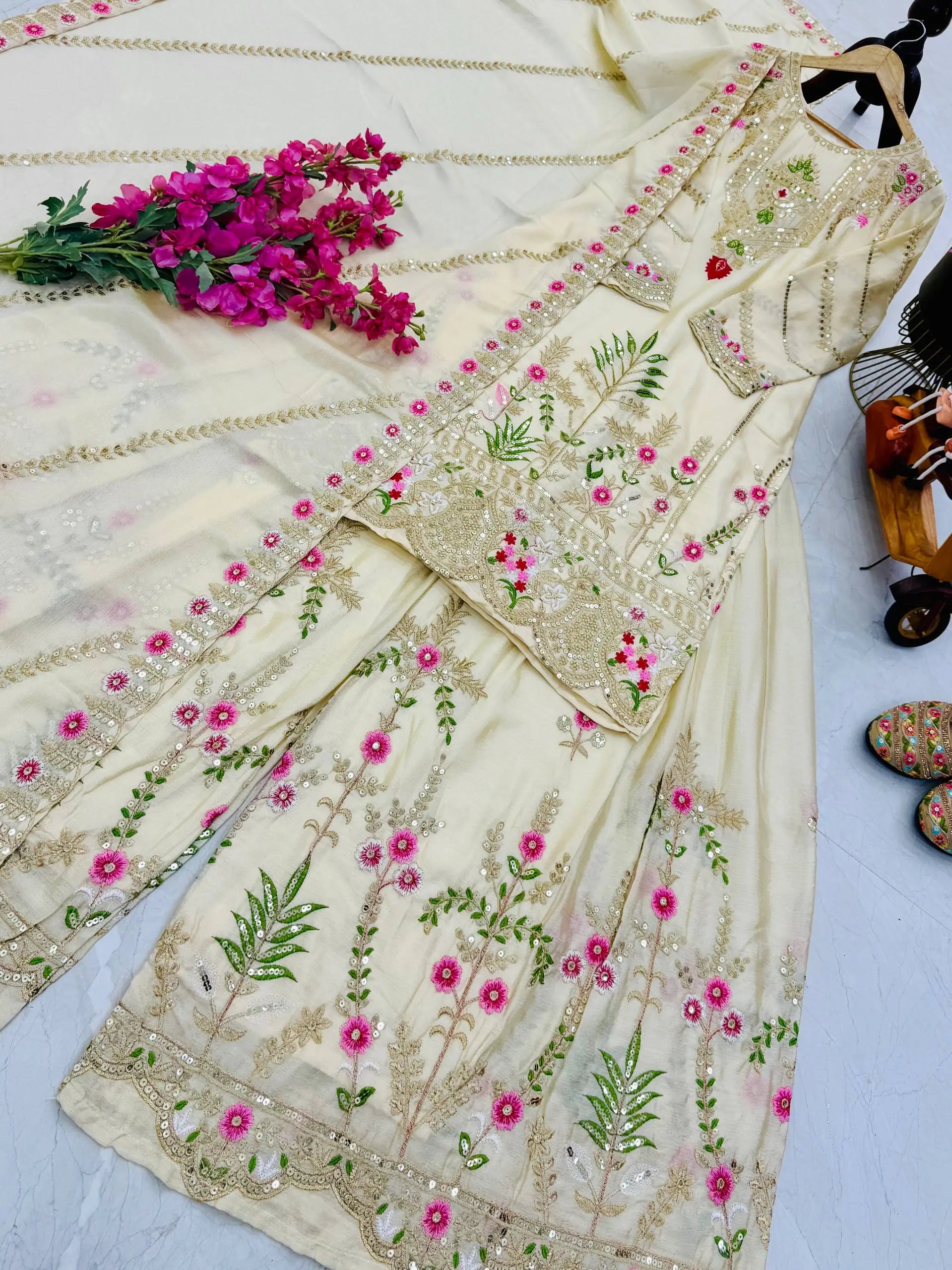 Royal Blue Chinon Silk Embroidered Sharara Suit with Dupatta – Heavy Sequence & Thread Work