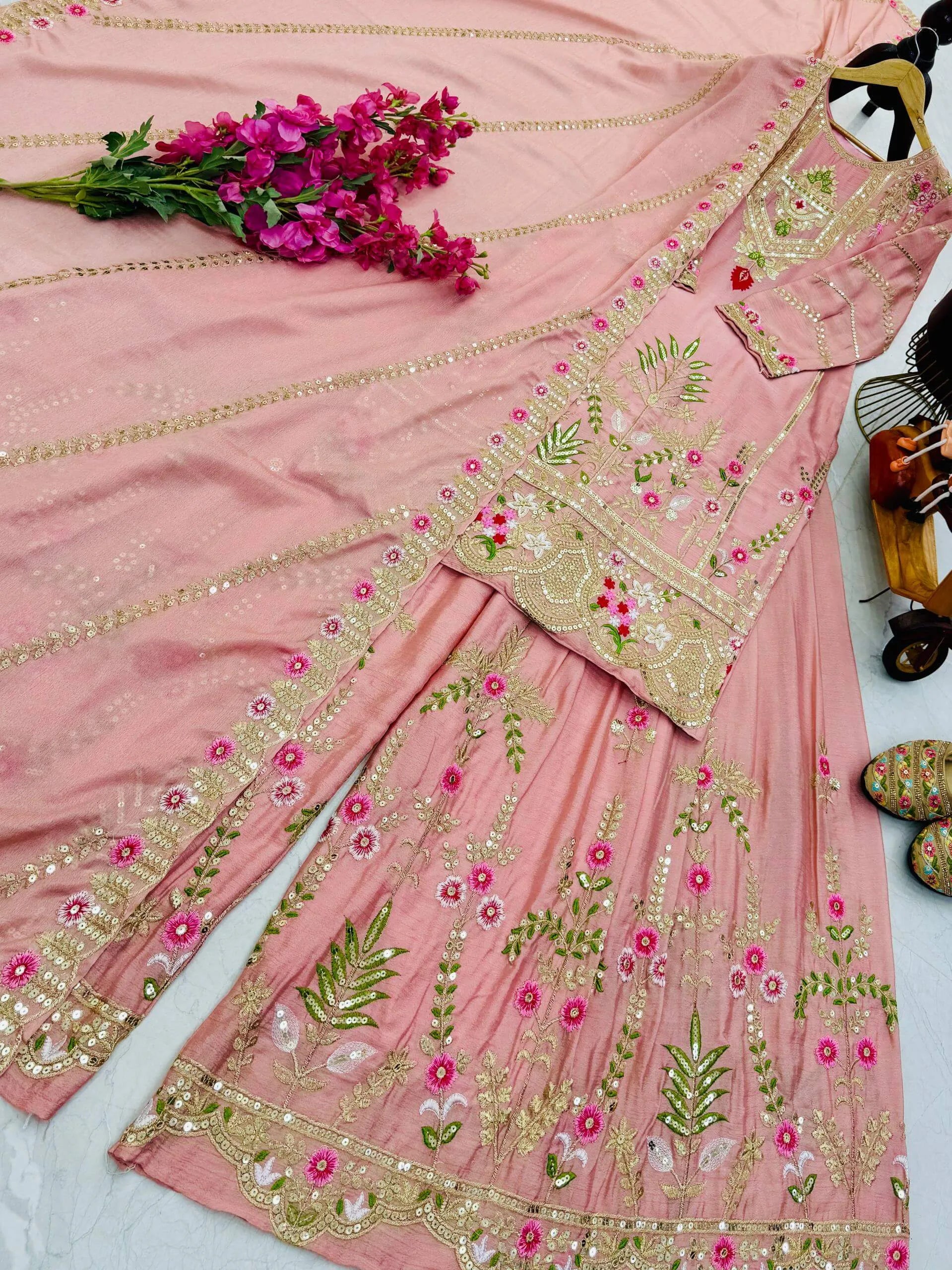 Royal Blue Chinon Silk Embroidered Sharara Suit with Dupatta – Heavy Sequence & Thread Work