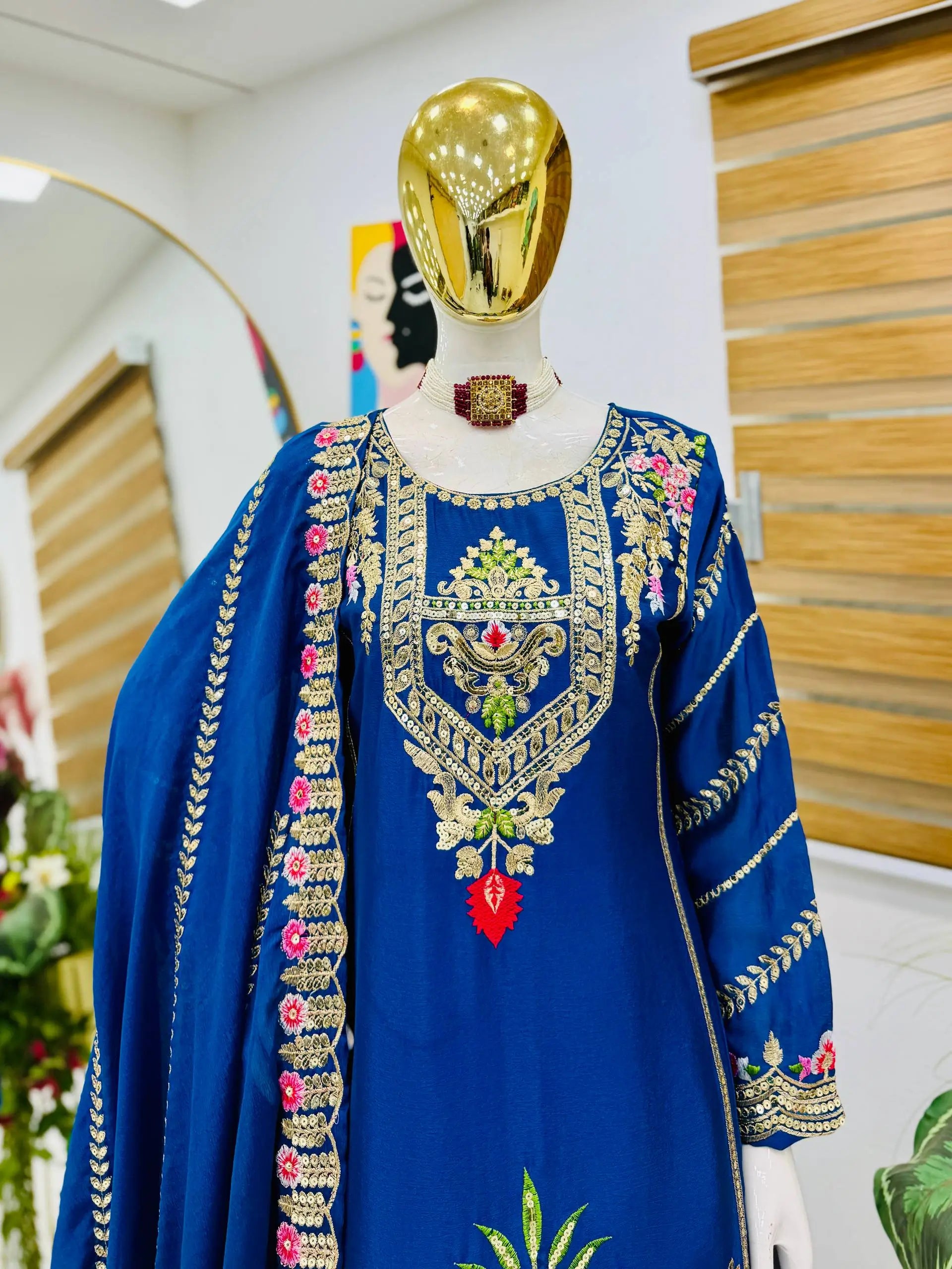 Royal Blue Chinon Silk Embroidered Sharara Suit with Dupatta – Heavy Sequence & Thread Work