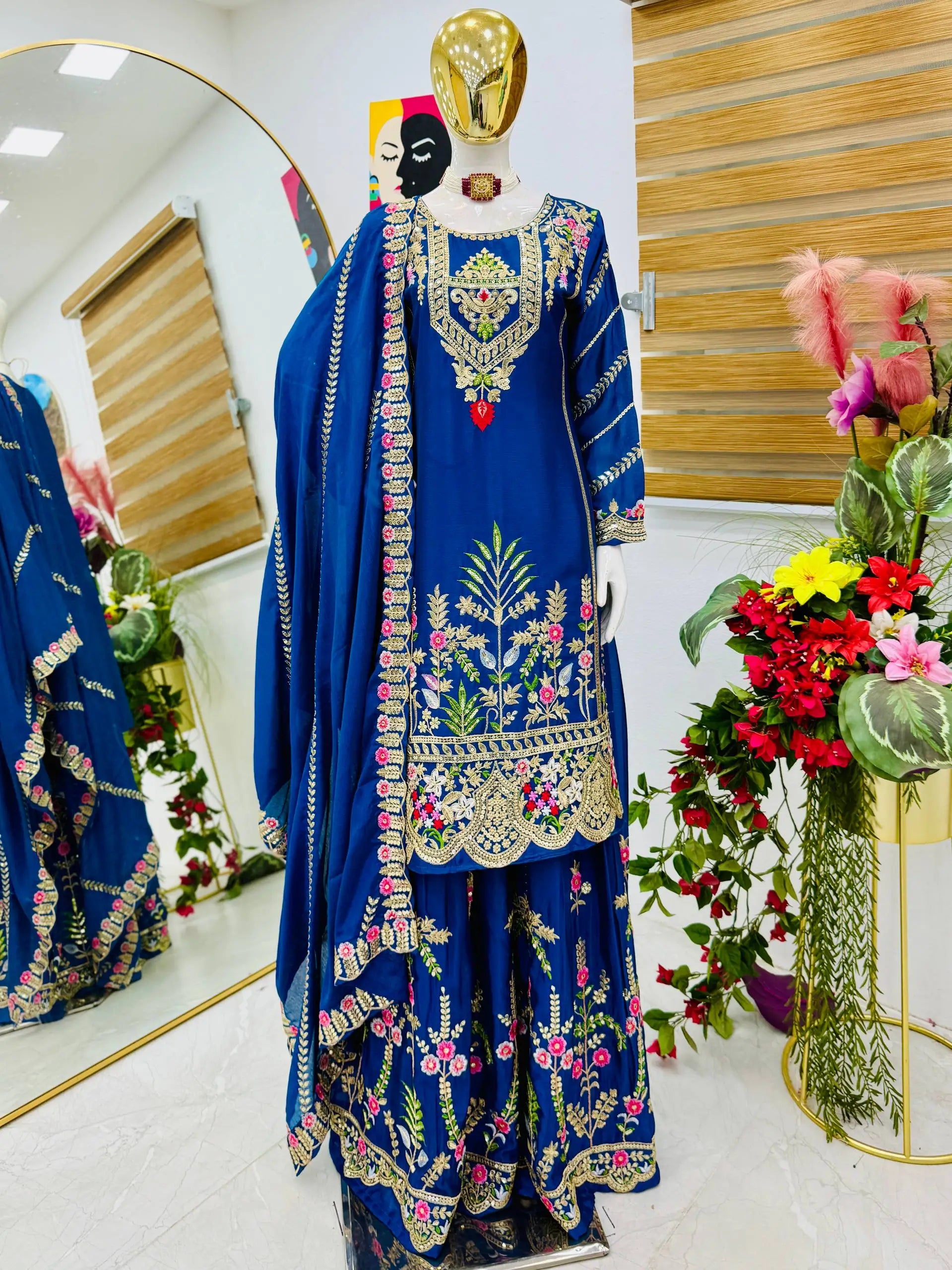 Royal Blue Chinon Silk Embroidered Sharara Suit with Dupatta – Heavy Sequence & Thread Work