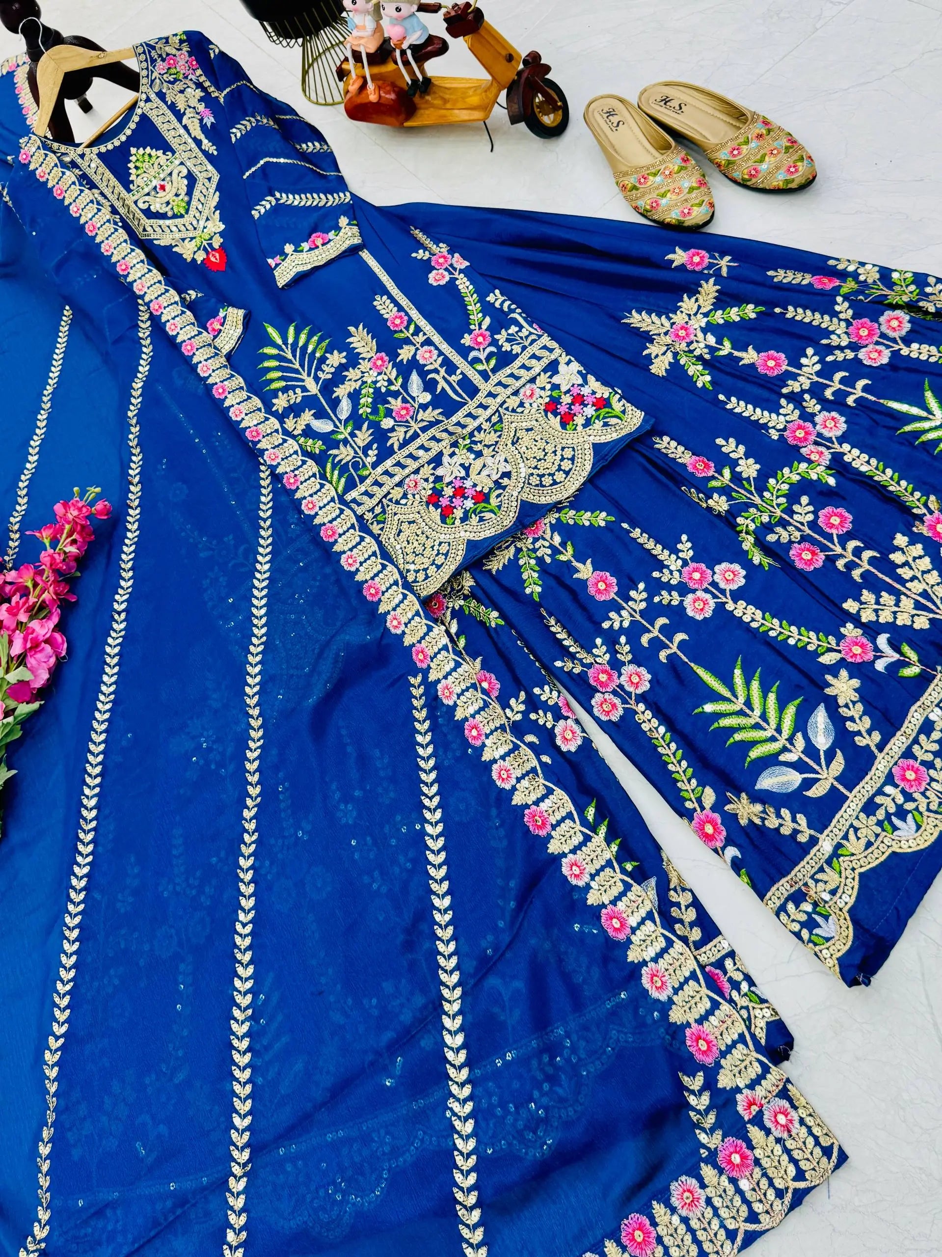 Royal Blue Chinon Silk Embroidered Sharara Suit with Dupatta – Heavy Sequence & Thread Work