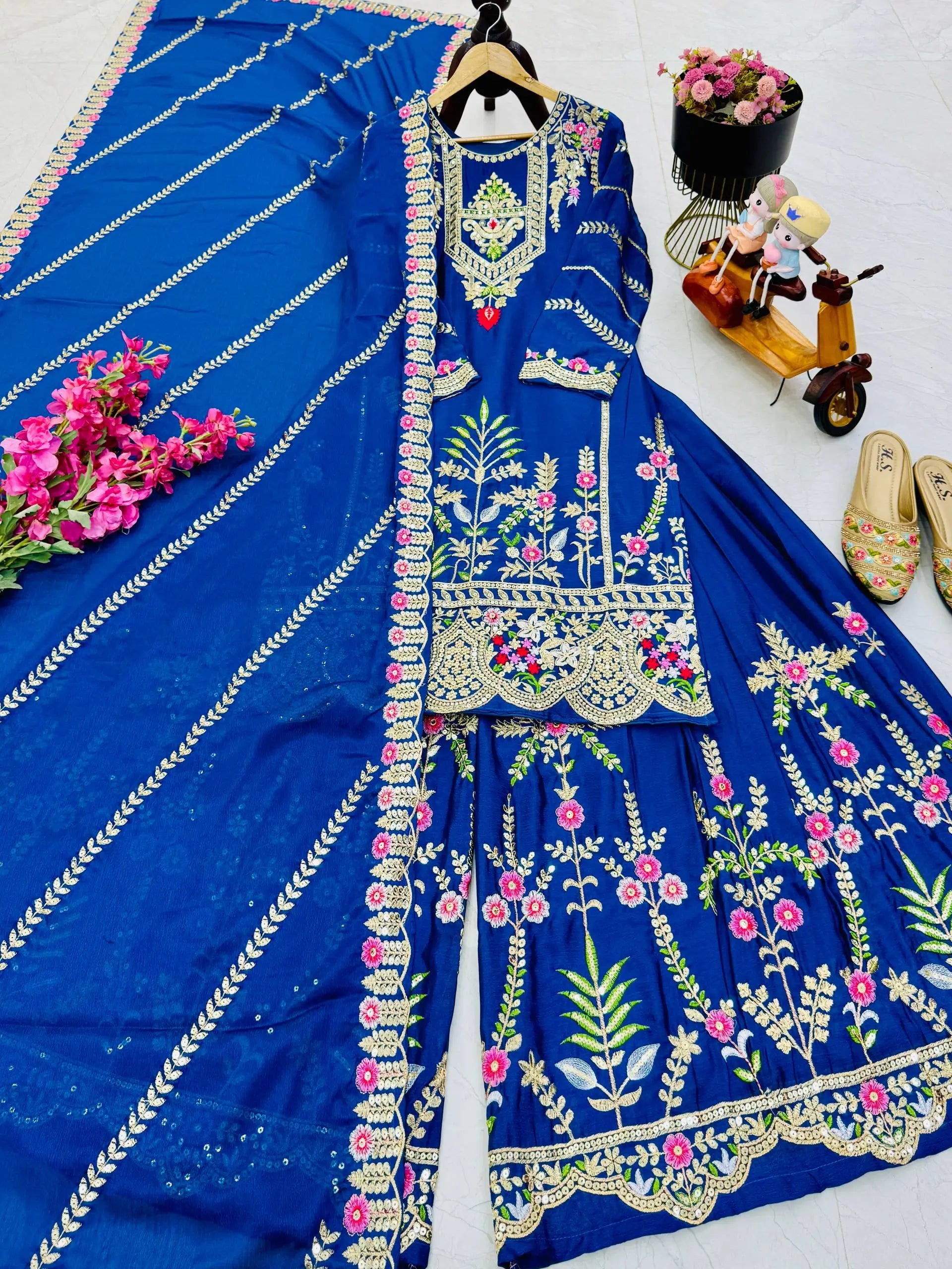Royal Blue Chinon Silk Embroidered Sharara Suit with Dupatta – Heavy Sequence & Thread Work