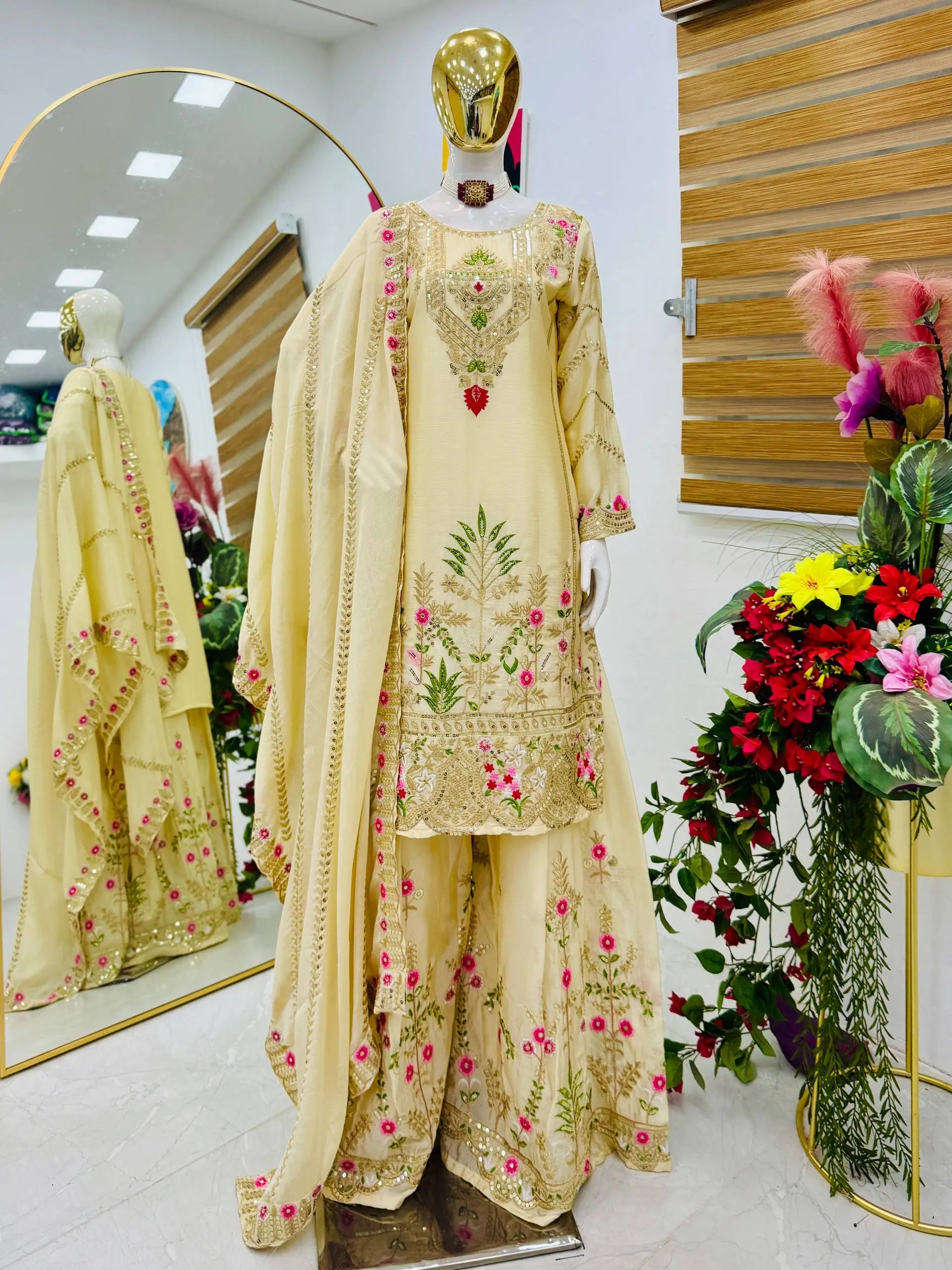 Royal Blue Chinon Silk Embroidered Sharara Suit with Dupatta – Heavy Sequence & Thread Work