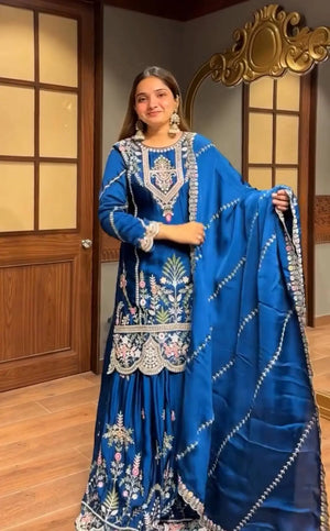 Royal Blue Chinon Silk Embroidered Sharara Suit with Dupatta – Heavy Sequence & Thread Work