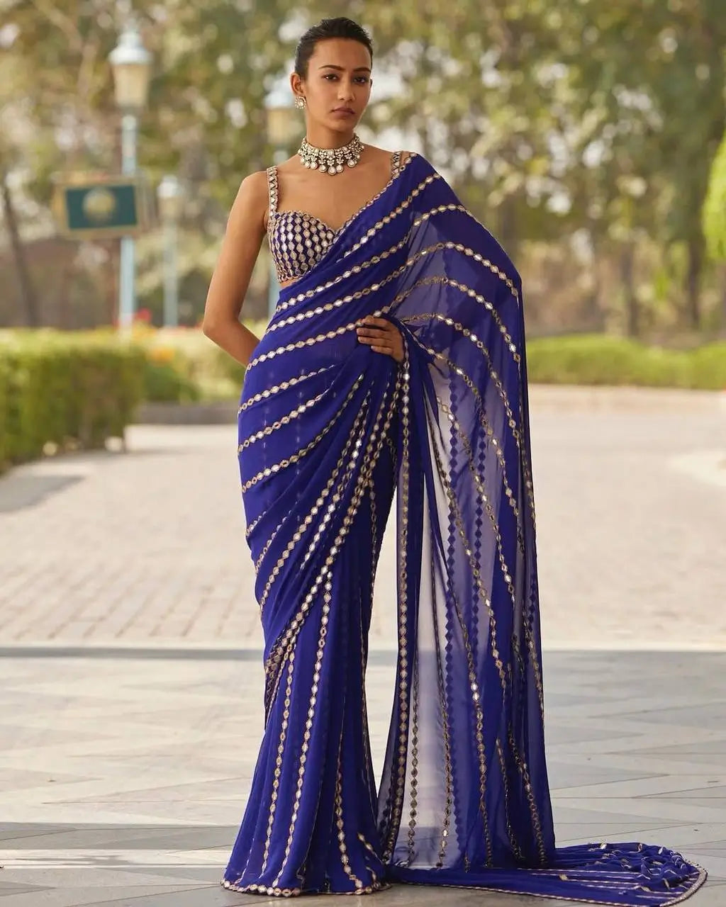 Royal Blue Embroidered Ready to Wear Saree