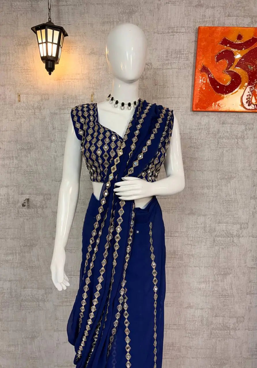 Royal Blue Embroidered Ready to Wear Saree