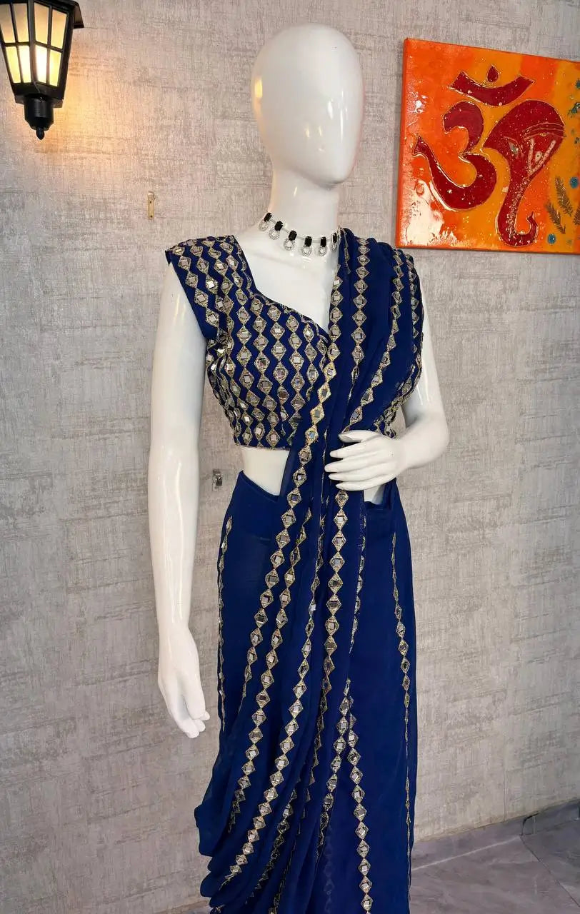 Royal Blue Embroidered Ready to Wear Saree