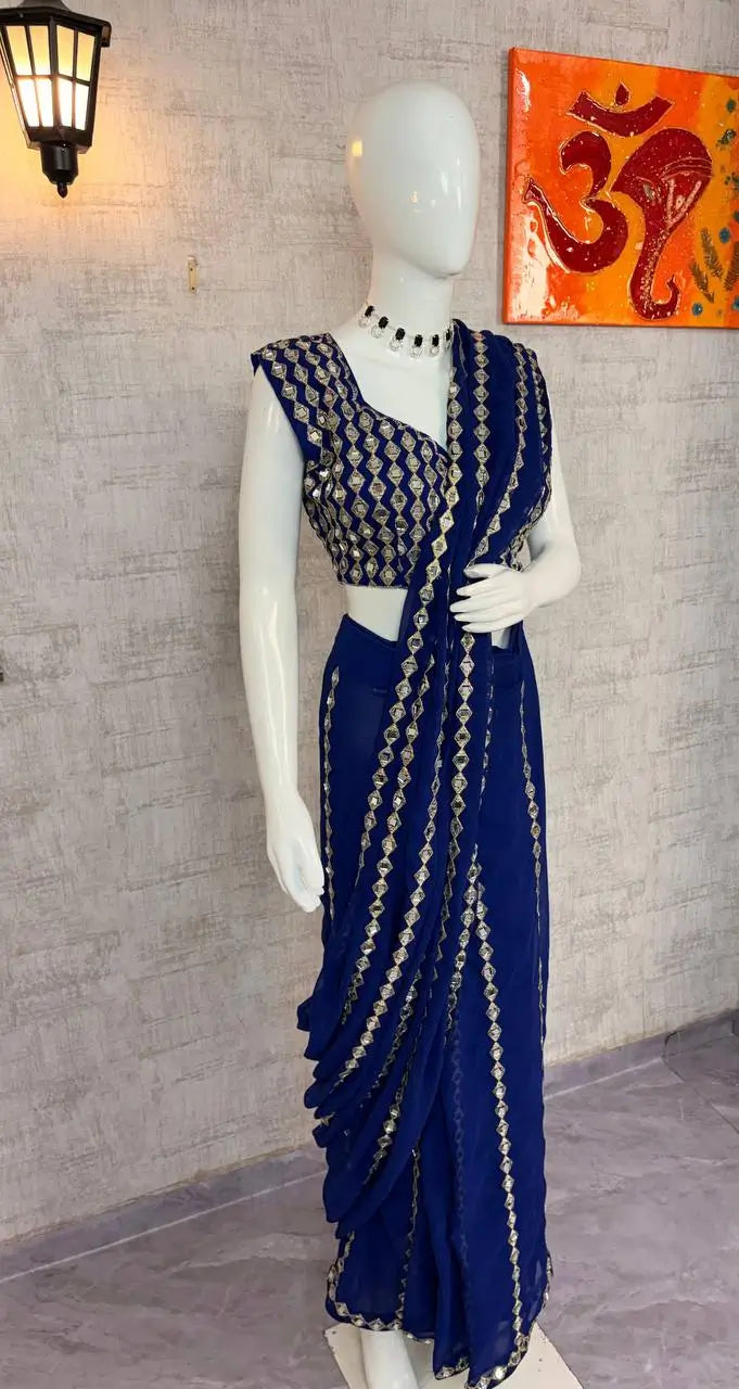 Royal Blue Embroidered Ready to Wear Saree