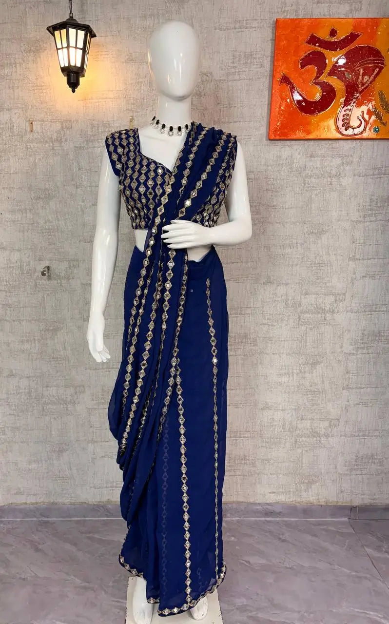 Royal Blue Embroidered Ready to Wear Saree