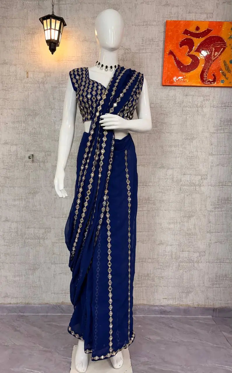 Royal Blue Embroidered Ready to Wear Saree