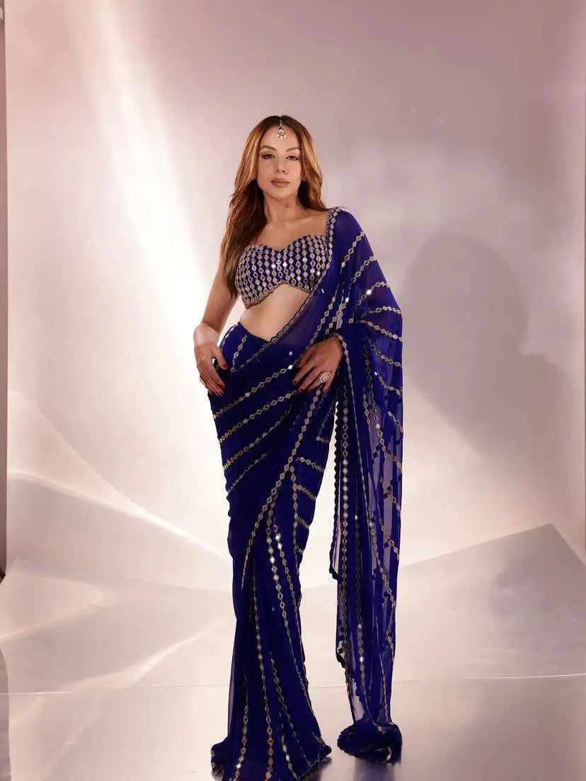Royal Blue Embroidered Ready to Wear Saree