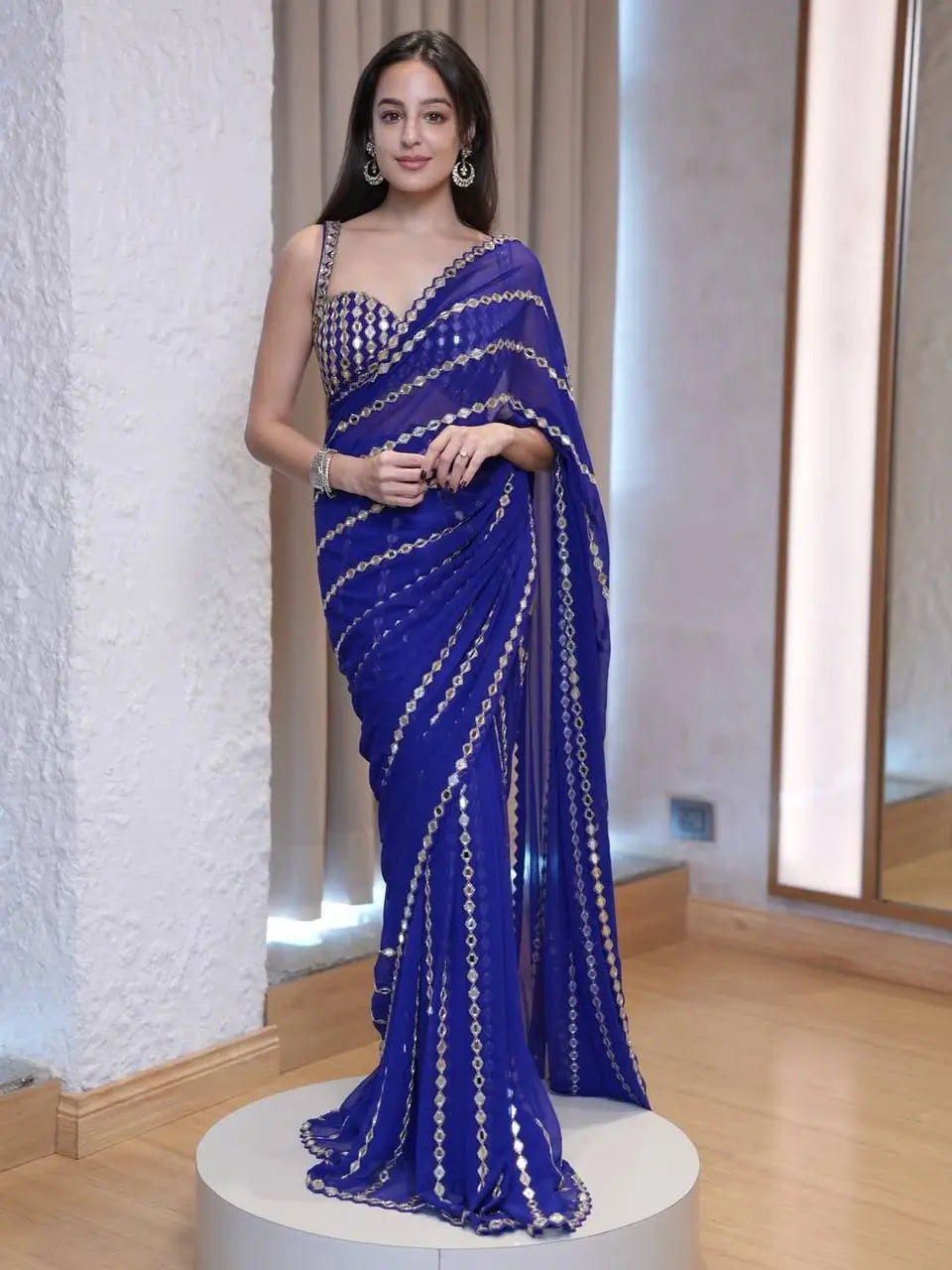 Royal Blue Embroidered Ready to Wear Saree