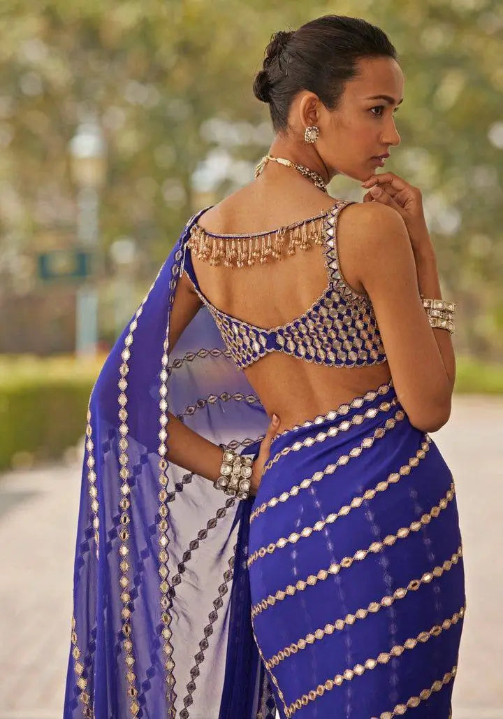 Royal Blue Embroidered Ready to Wear Saree