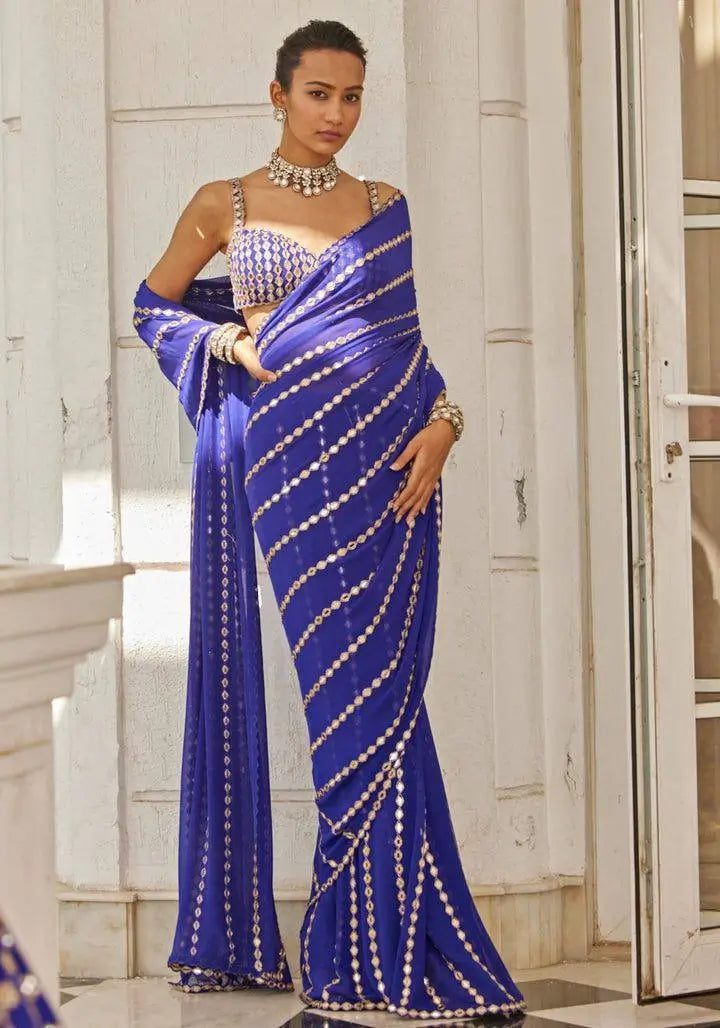 Royal Blue Embroidered Ready to Wear Saree