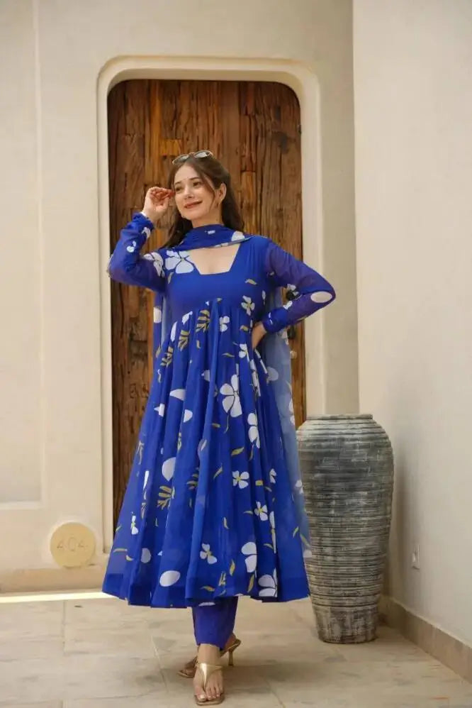 Royal Blue Fox Georgette Printed Anarkali Set with Dupatta
