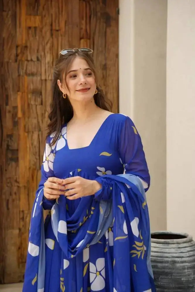 Royal Blue Fox Georgette Printed Anarkali Set with Dupatta