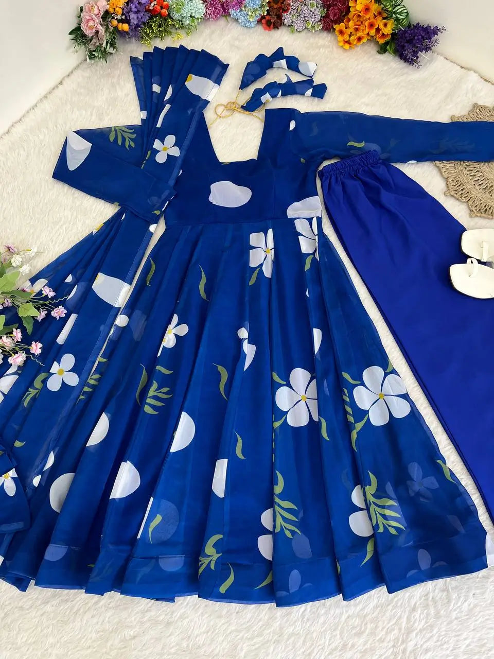 Royal Blue Fox Georgette Printed Anarkali Set with Dupatta