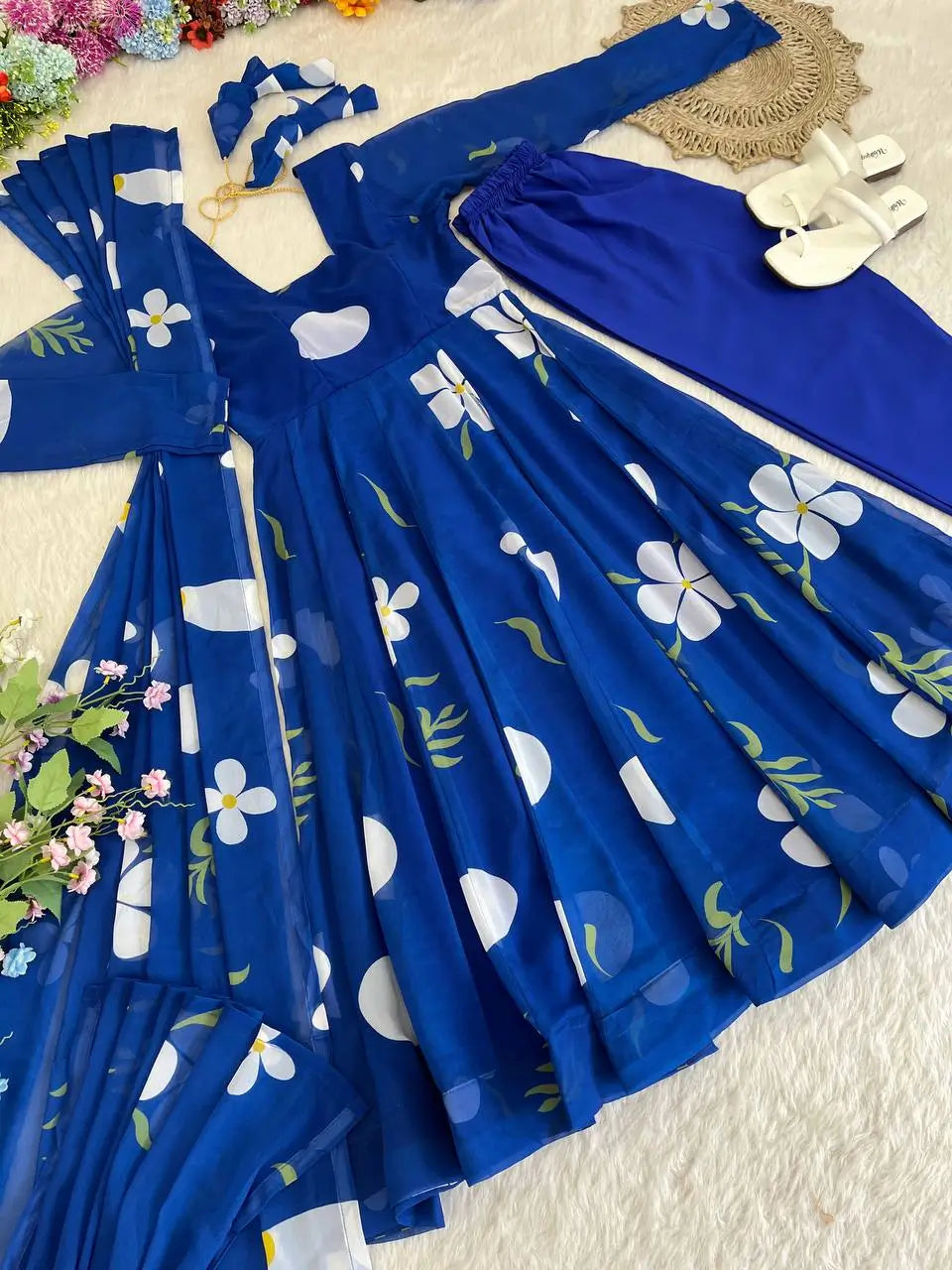 Royal Blue Fox Georgette Printed Anarkali Set with Dupatta