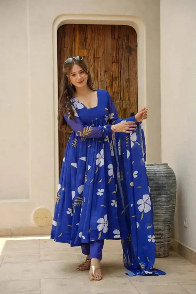 Royal Blue Fox Georgette Printed Anarkali Set with Dupatta