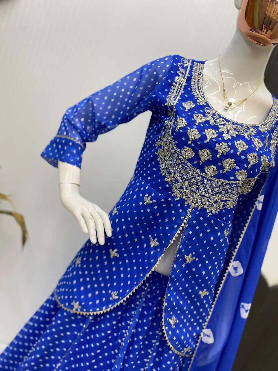 Royal Blue Printed Georgette Lehenga Set with Dupatta
