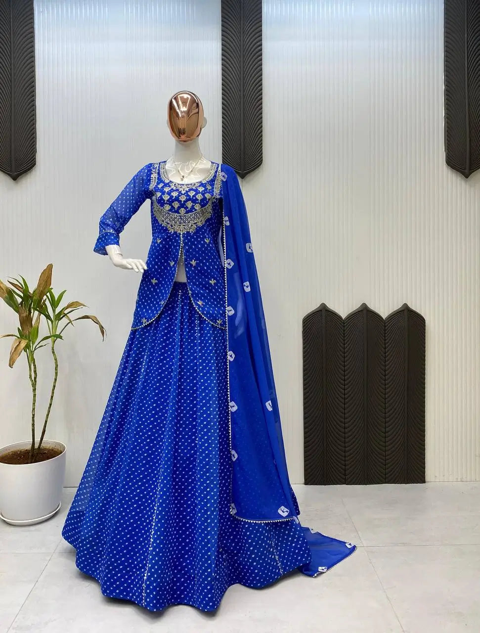 Royal Blue Printed Georgette Lehenga Set with Dupatta