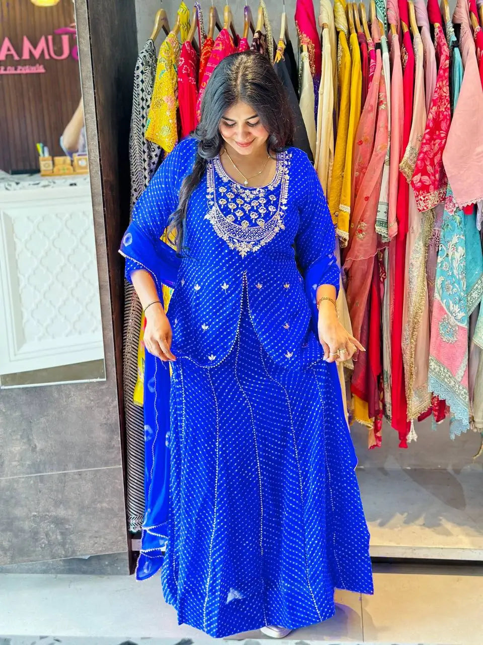 Royal Blue Printed Georgette Lehenga Set with Dupatta