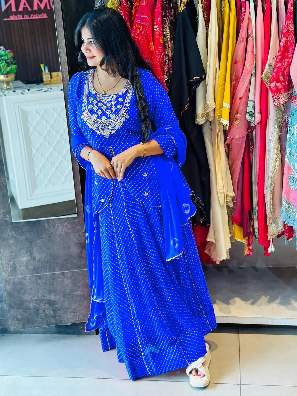Royal Blue Printed Georgette Lehenga Set with Dupatta