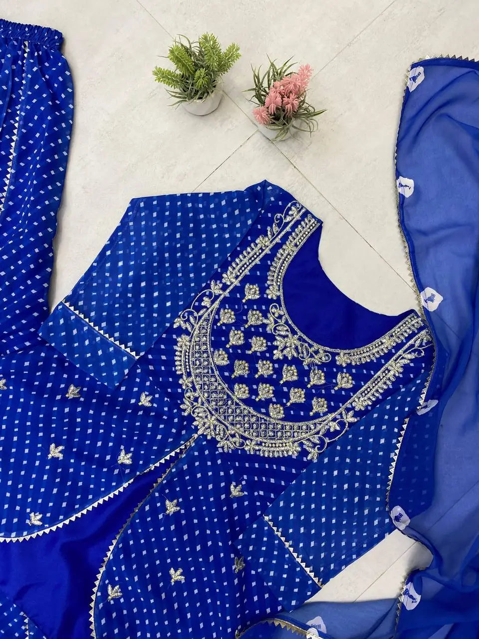 Royal Blue Printed Georgette Lehenga Set with Dupatta