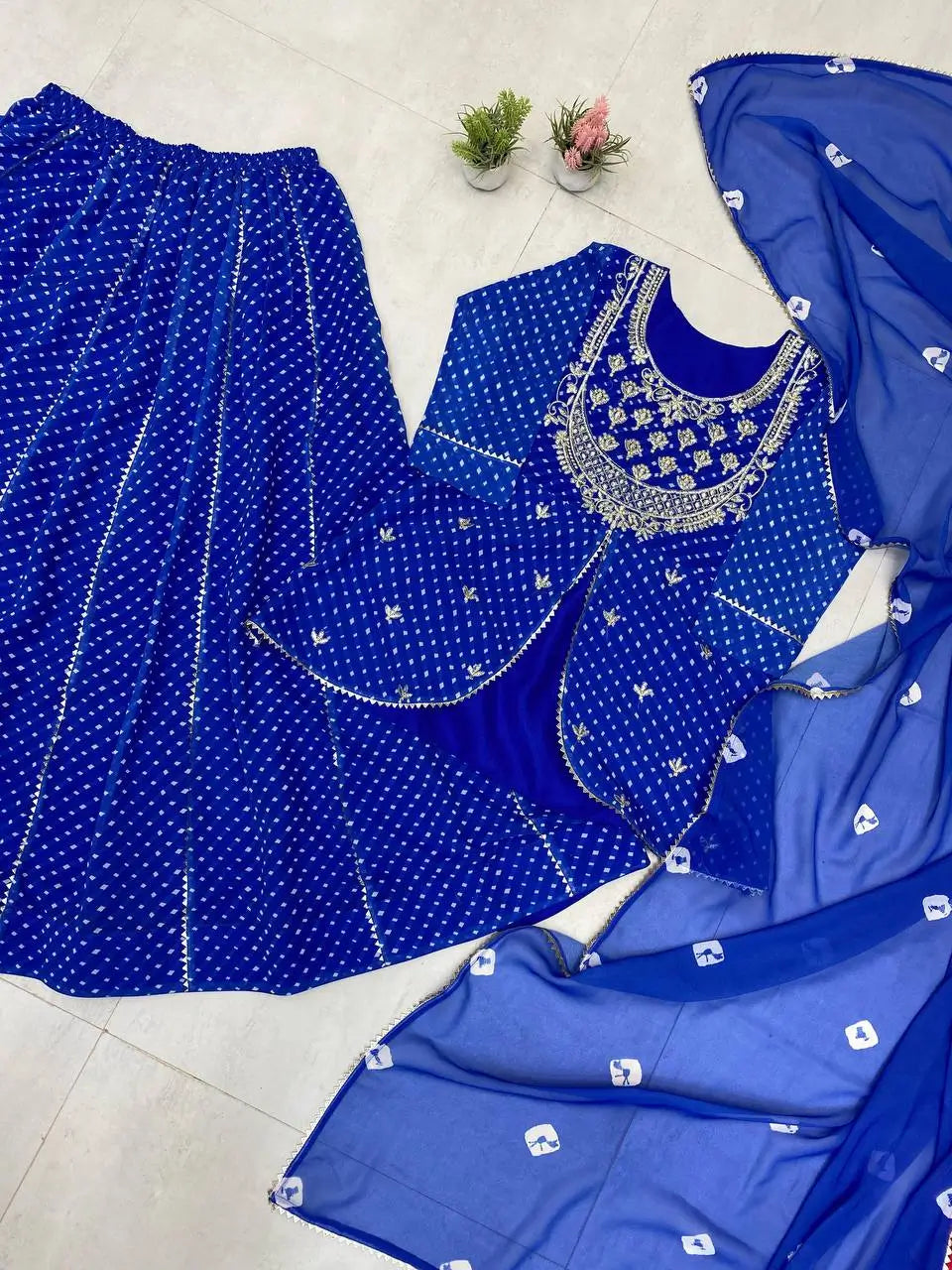 Royal Blue Printed Georgette Lehenga Set with Dupatta