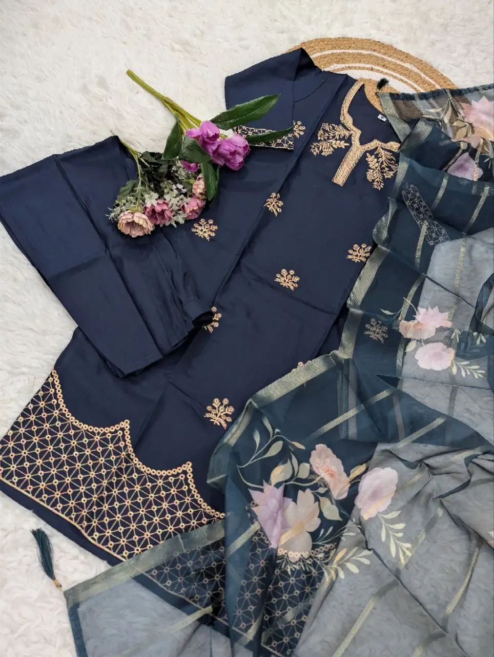 Royal Blue Viscose Chanderi Sequin Embroidered Kurta Set with Jacquard Dupatta | Festive Wear