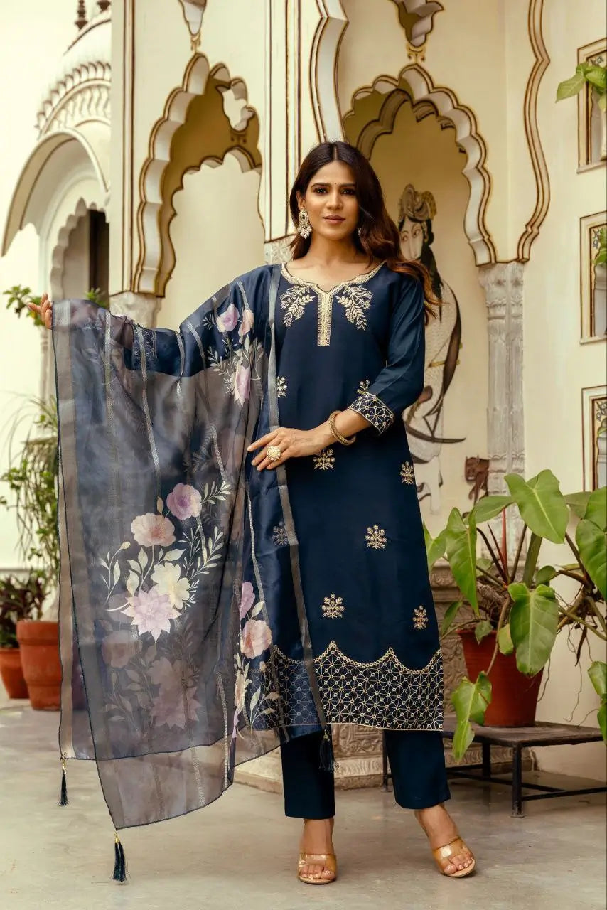 Royal Blue Viscose Chanderi Sequin Embroidered Kurta Set with Jacquard Dupatta | Festive Wear