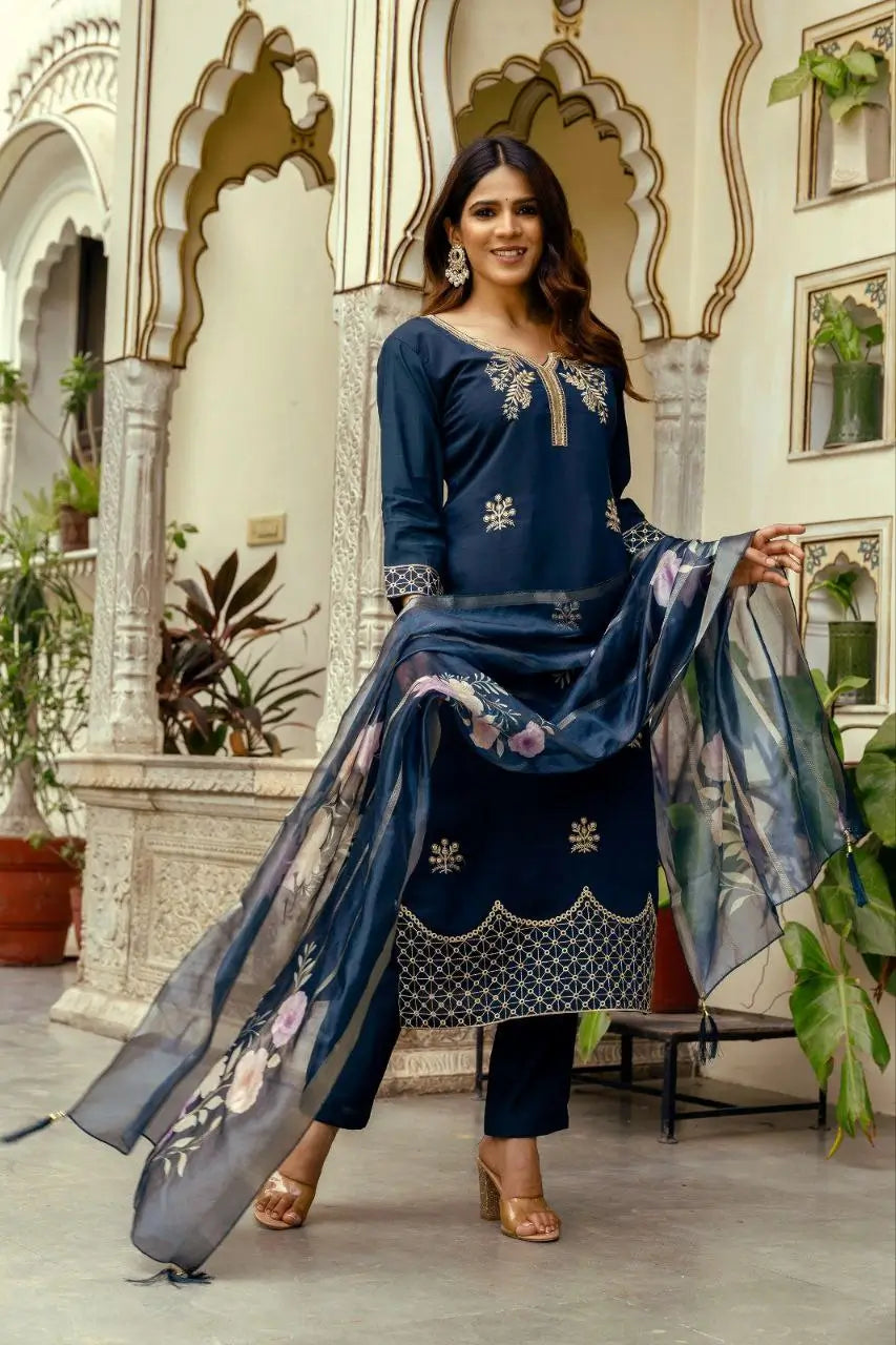 Royal Blue Viscose Chanderi Sequin Embroidered Kurta Set with Jacquard Dupatta | Festive Wear
