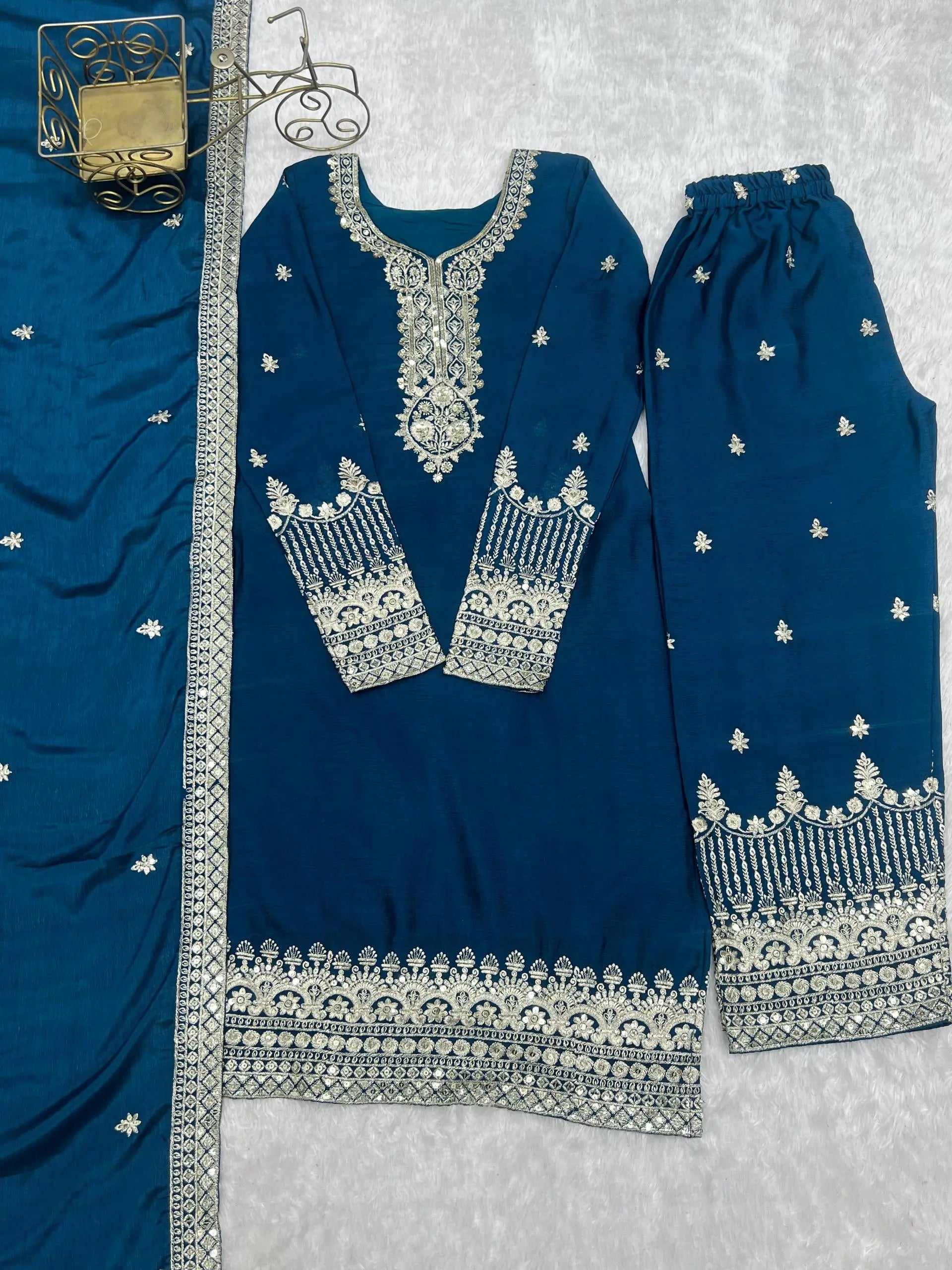 Royal Chinon Silk Embroidered Kurta Palazzo Set with Dupatta for Festive and Wedding Wear