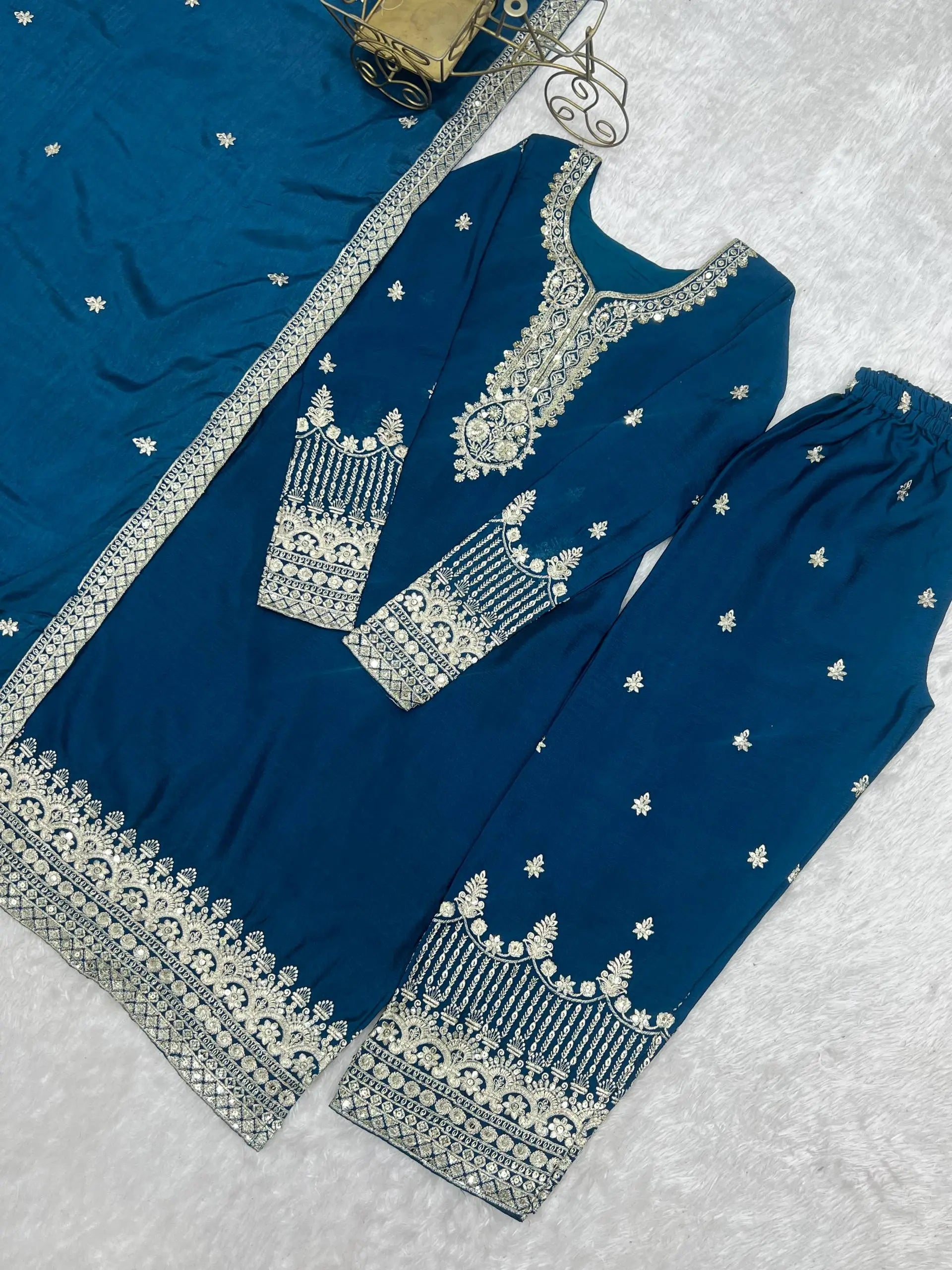 Royal Chinon Silk Embroidered Kurta Palazzo Set with Dupatta for Festive and Wedding Wear