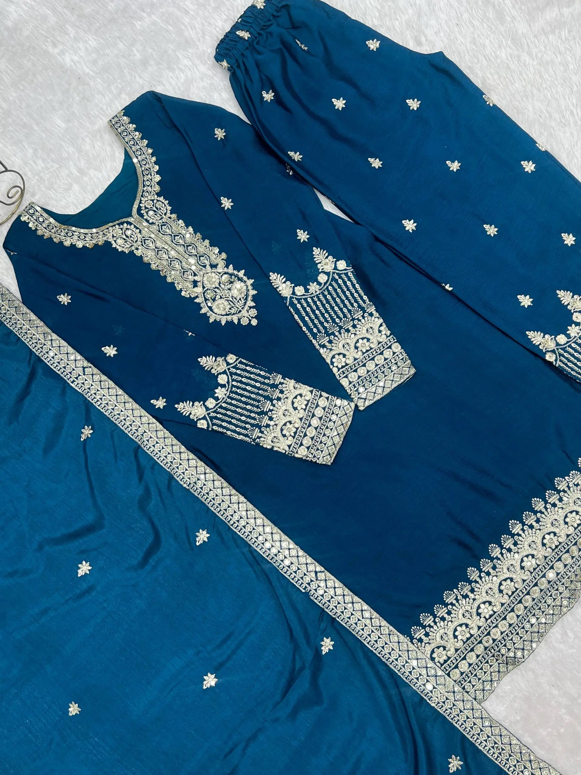 Royal Chinon Silk Embroidered Kurta Palazzo Set with Dupatta for Festive and Wedding Wear