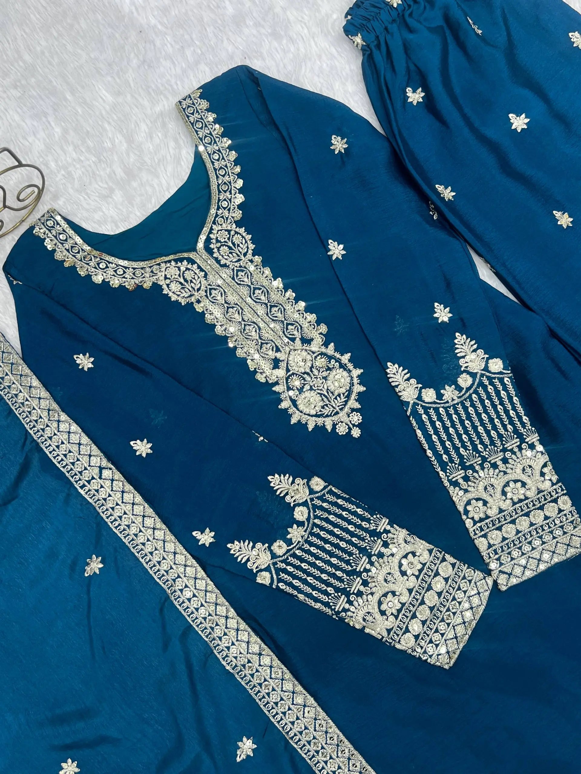 Royal Chinon Silk Embroidered Kurta Palazzo Set with Dupatta for Festive and Wedding Wear