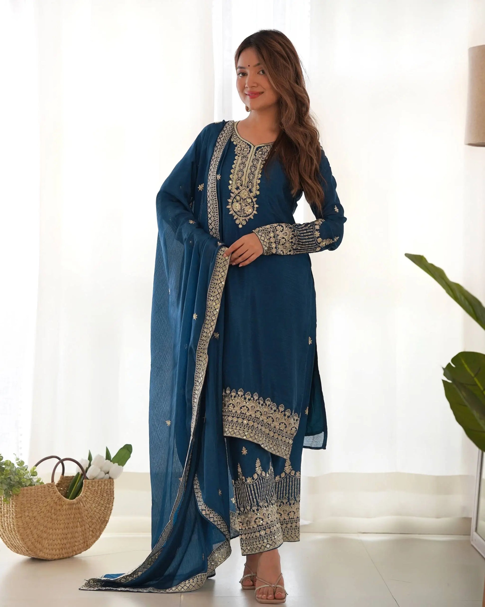 Royal Chinon Silk Embroidered Kurta Palazzo Set with Dupatta for Festive and Wedding Wear