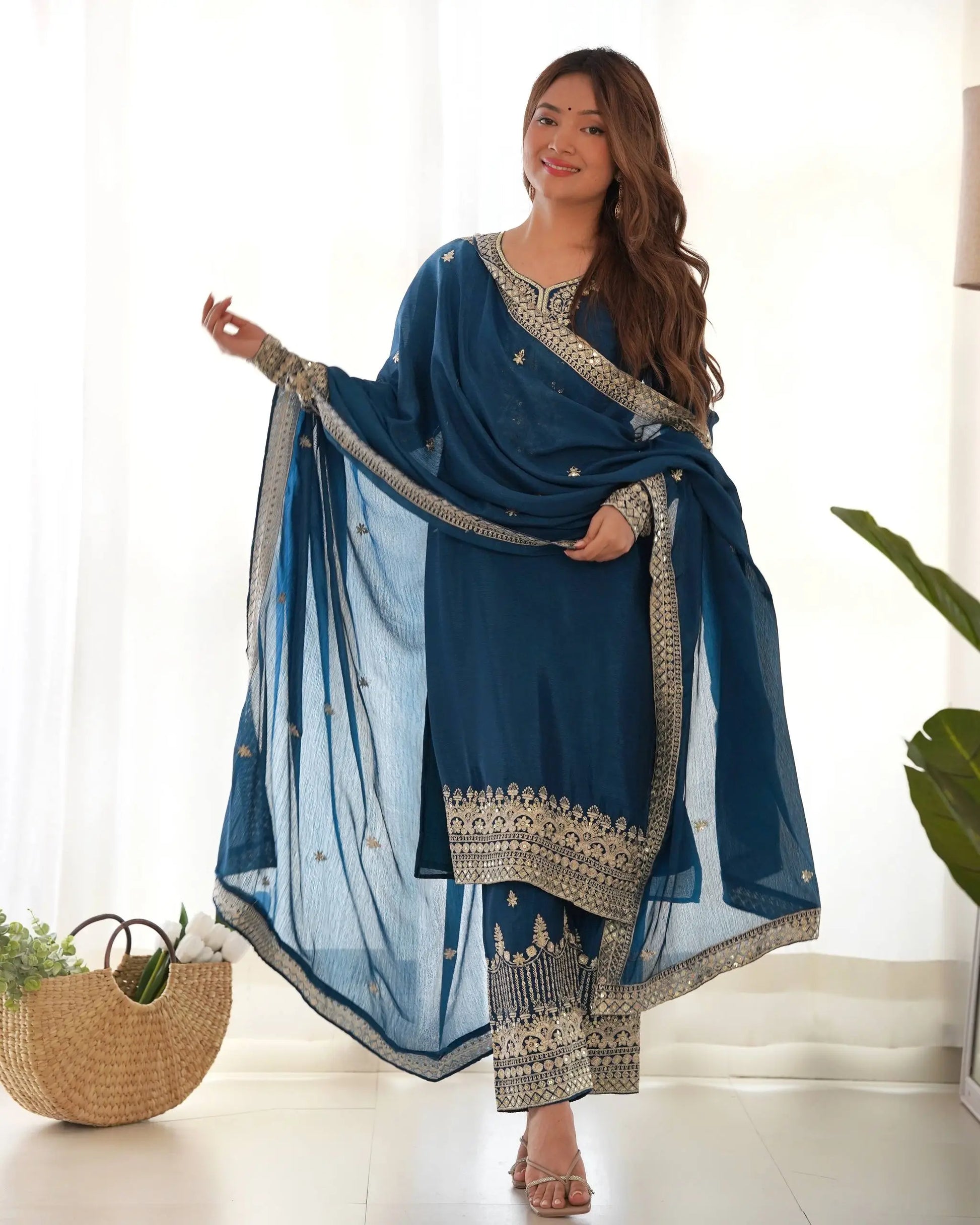 Royal Chinon Silk Embroidered Kurta Palazzo Set with Dupatta for Festive and Wedding Wear