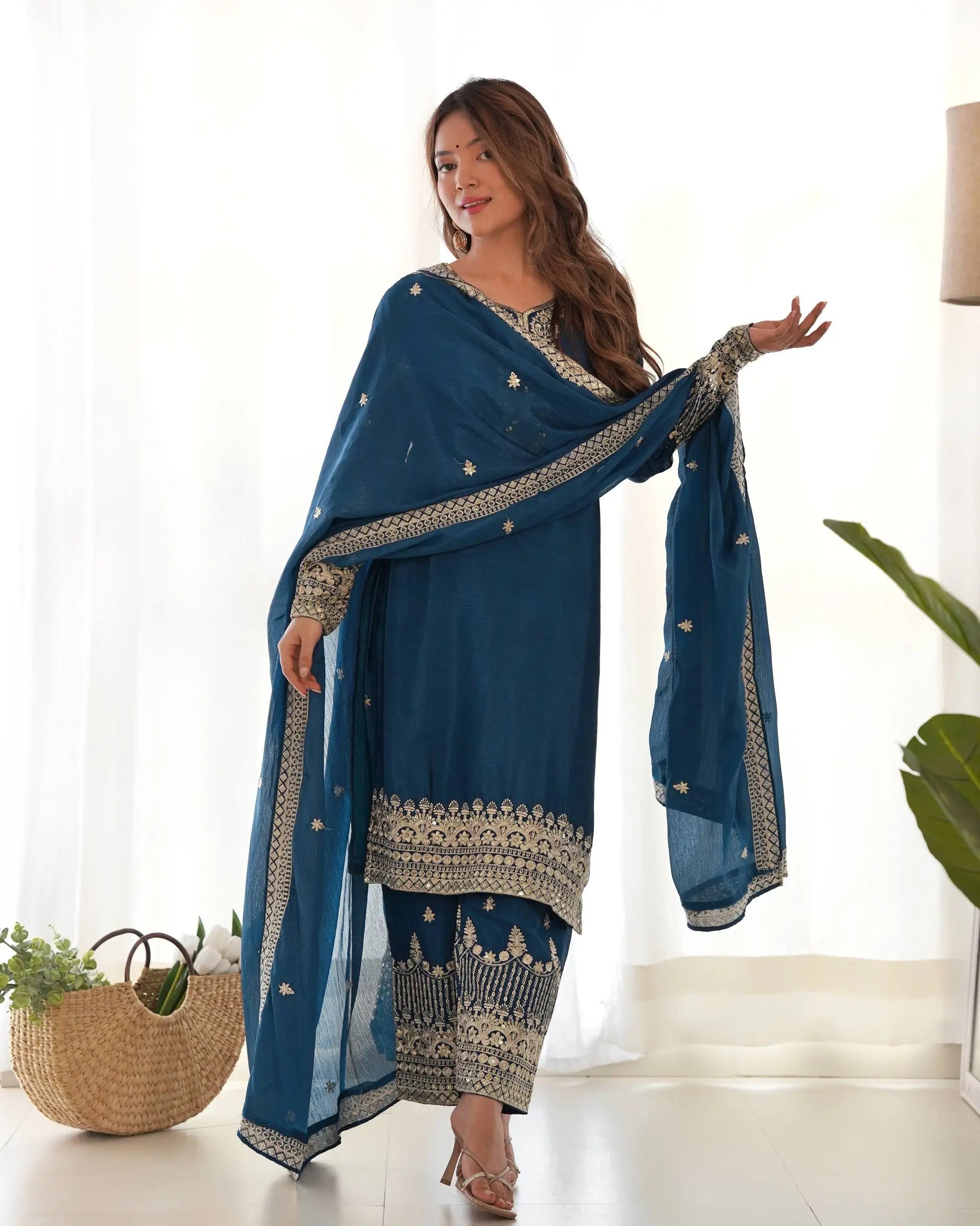 Royal Chinon Silk Embroidered Kurta Palazzo Set with Dupatta for Festive and Wedding Wear
