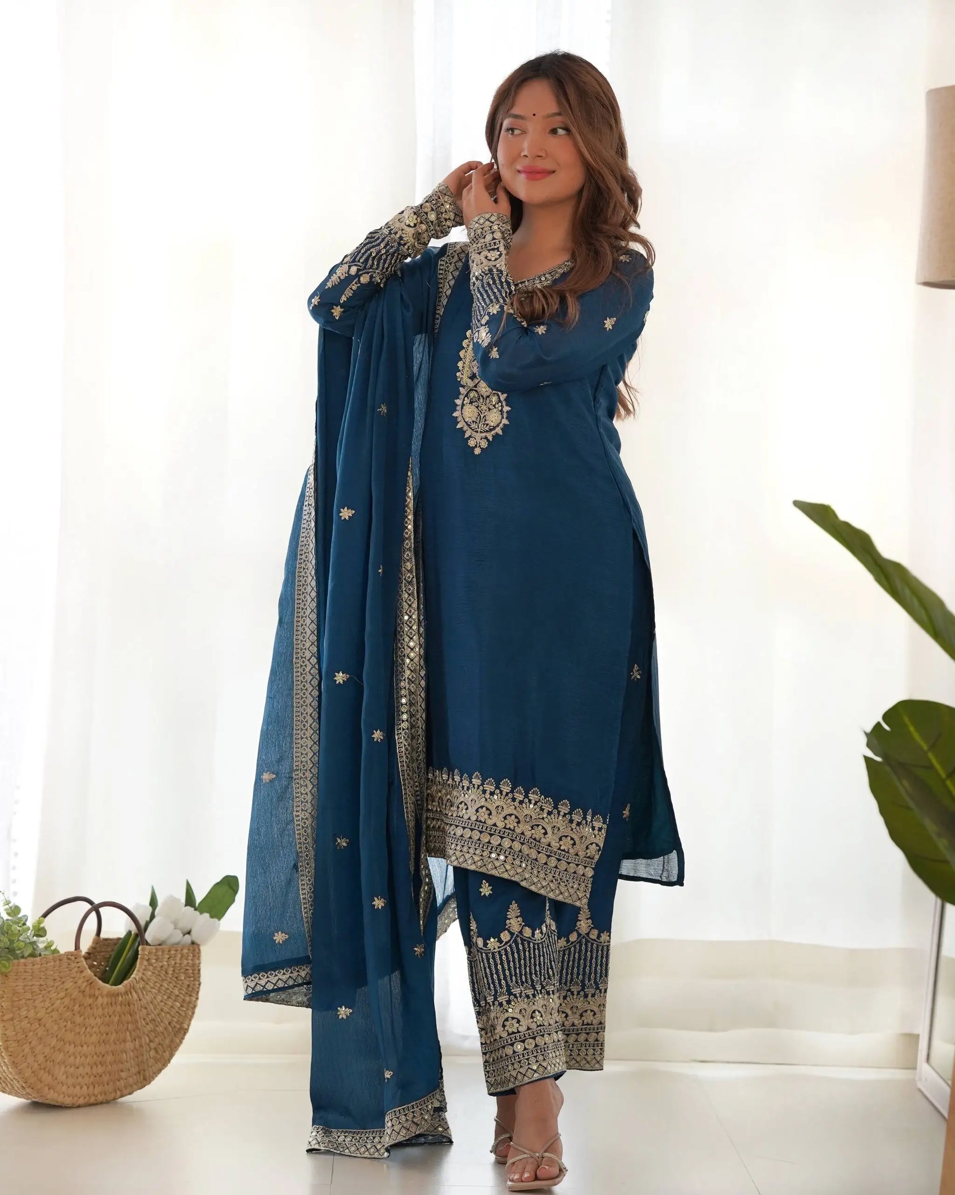 Royal Chinon Silk Embroidered Kurta Palazzo Set with Dupatta for Festive and Wedding Wear