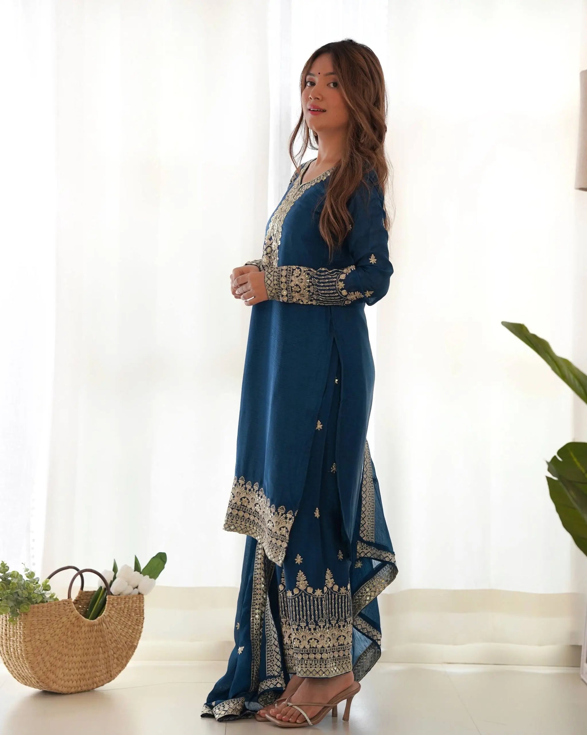 Royal Chinon Silk Embroidered Kurta Palazzo Set with Dupatta for Festive and Wedding Wear