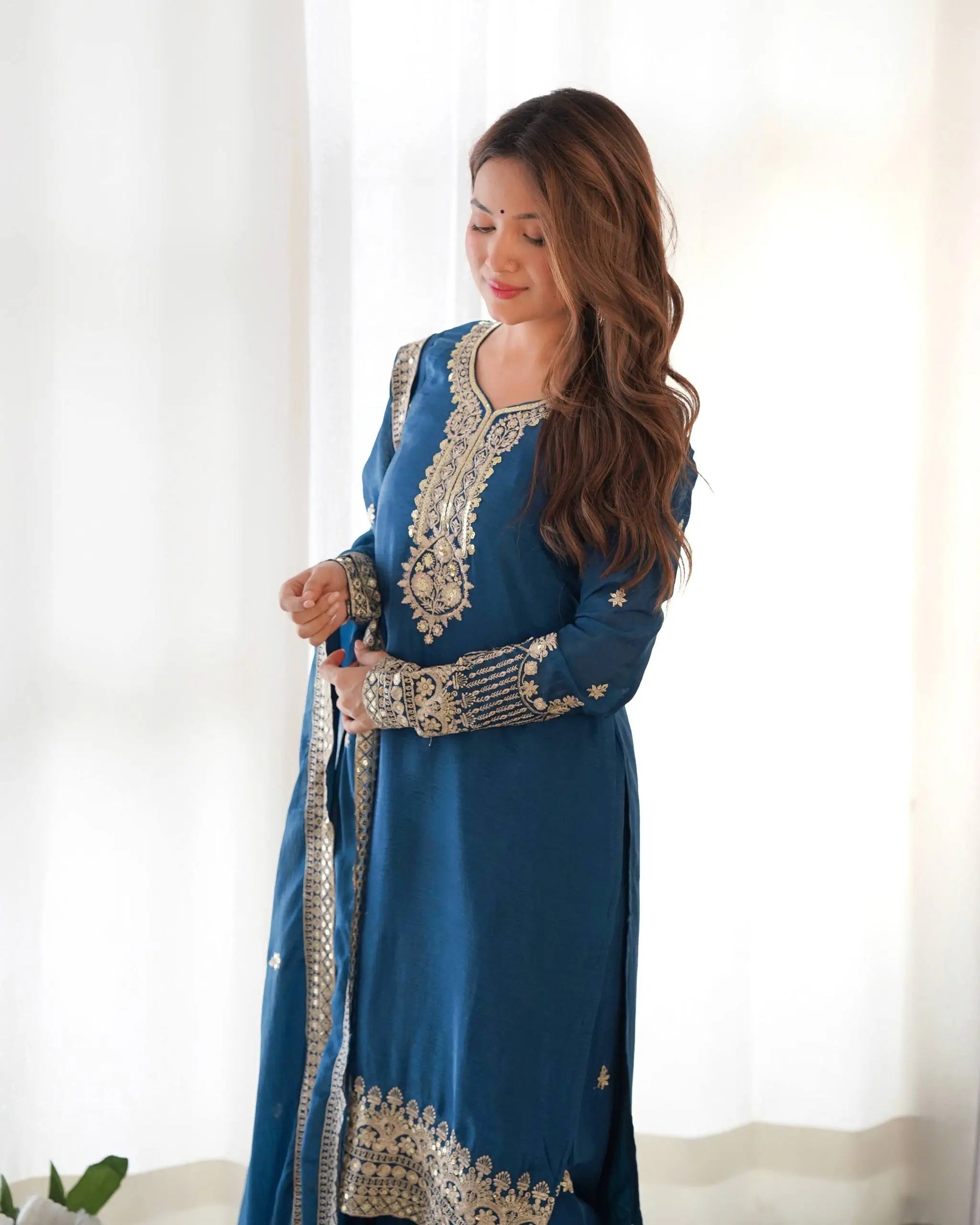 Royal Chinon Silk Embroidered Kurta Palazzo Set with Dupatta for Festive and Wedding Wear