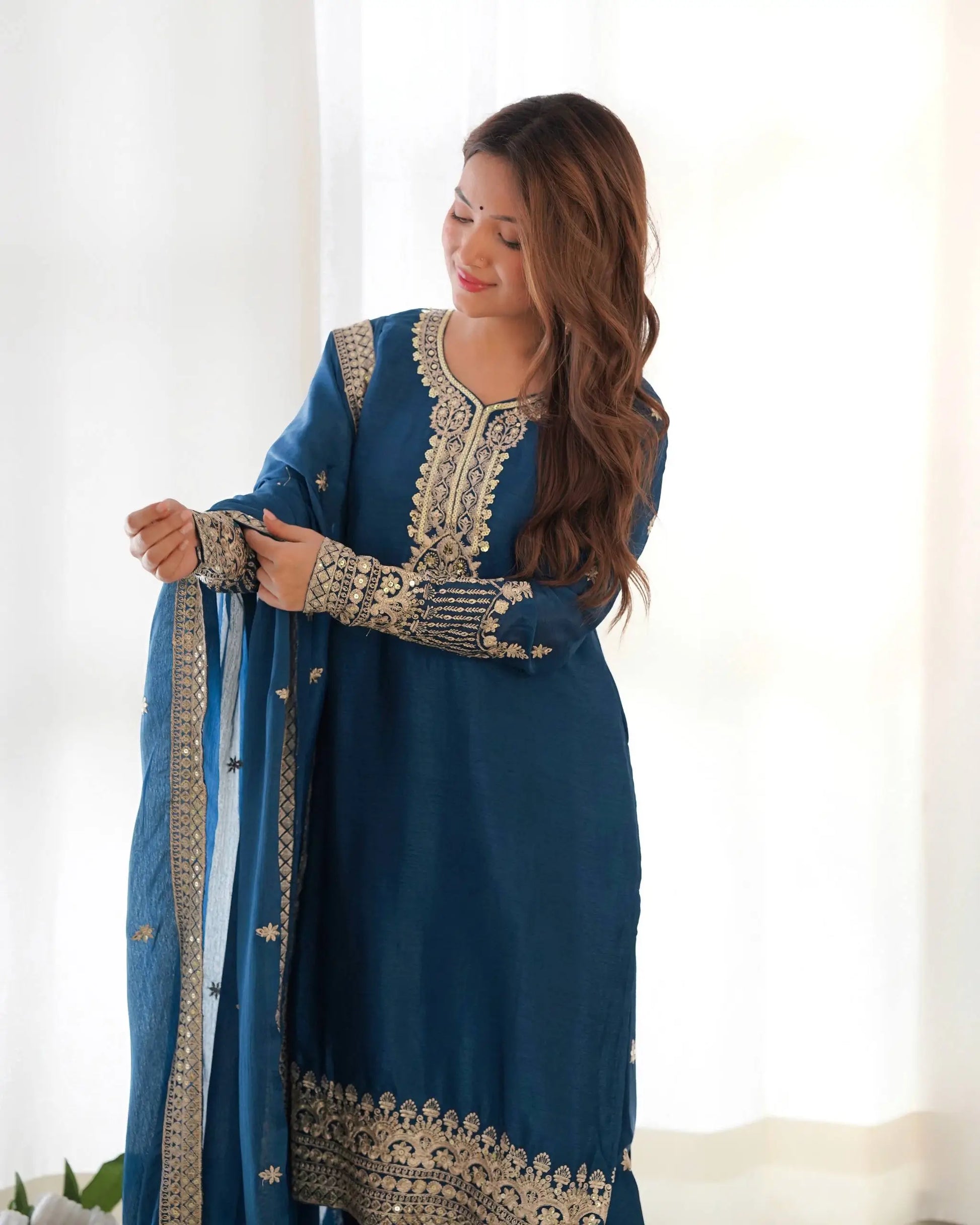 Royal Chinon Silk Embroidered Kurta Palazzo Set with Dupatta for Festive and Wedding Wear