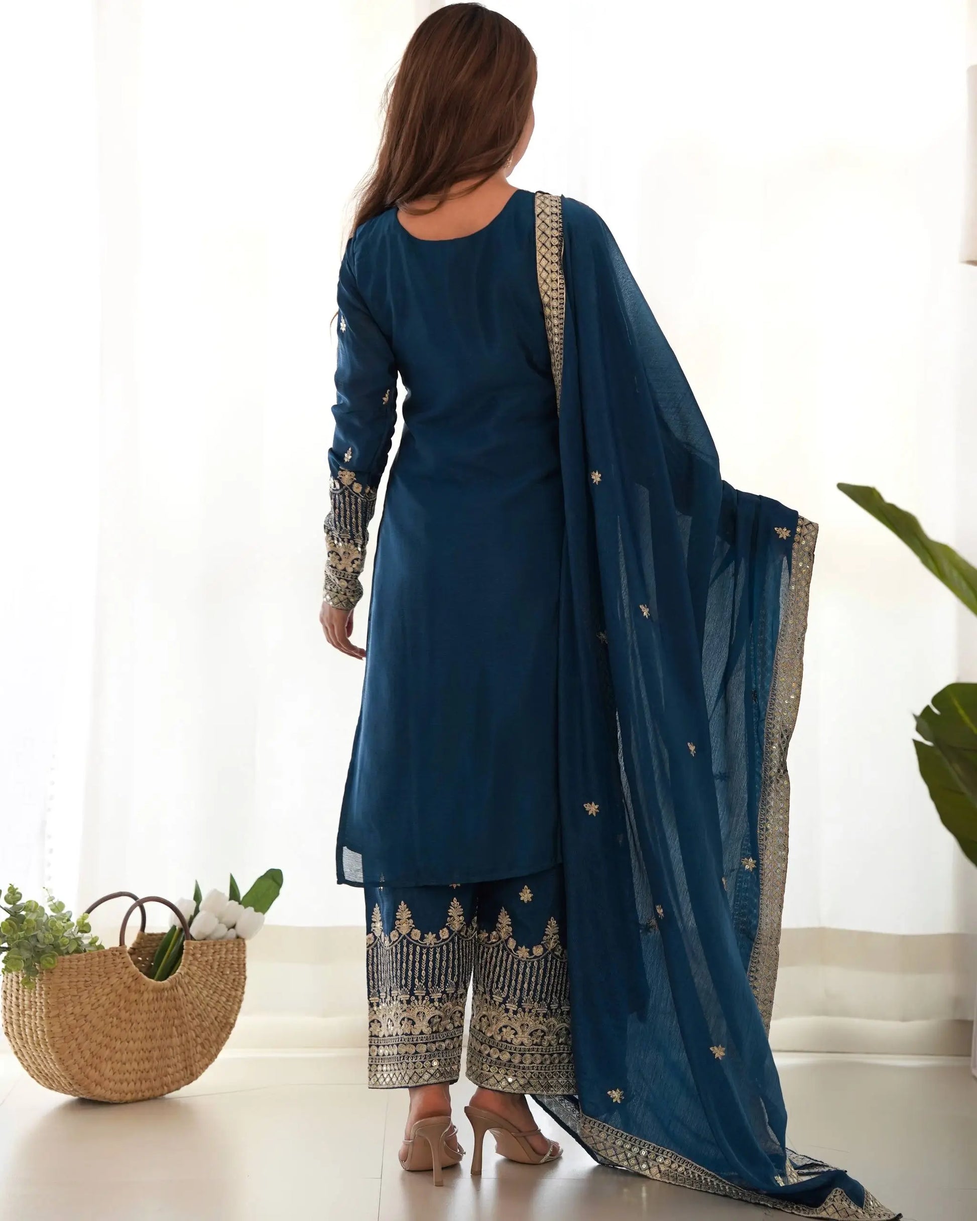 Royal Chinon Silk Embroidered Kurta Palazzo Set with Dupatta for Festive and Wedding Wear