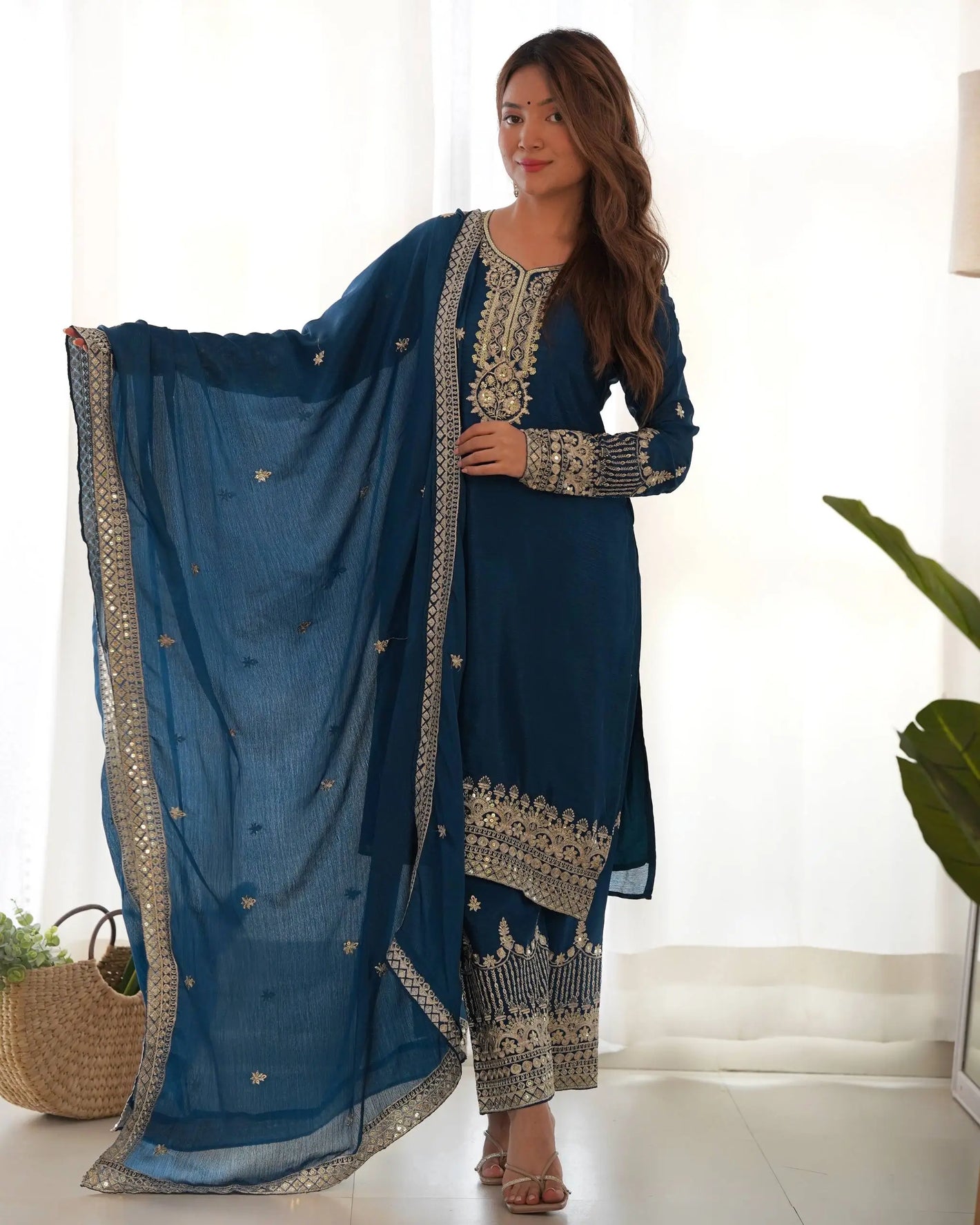 Royal Chinon Silk Embroidered Kurta Palazzo Set with Dupatta for Festive and Wedding Wear