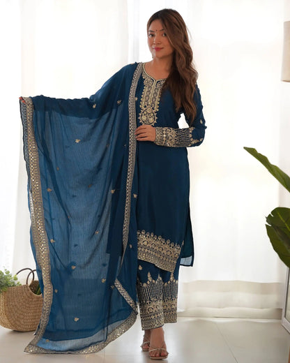 Royal Chinon Silk Embroidered Kurta Palazzo Set with Dupatta for Festive and Wedding Wear